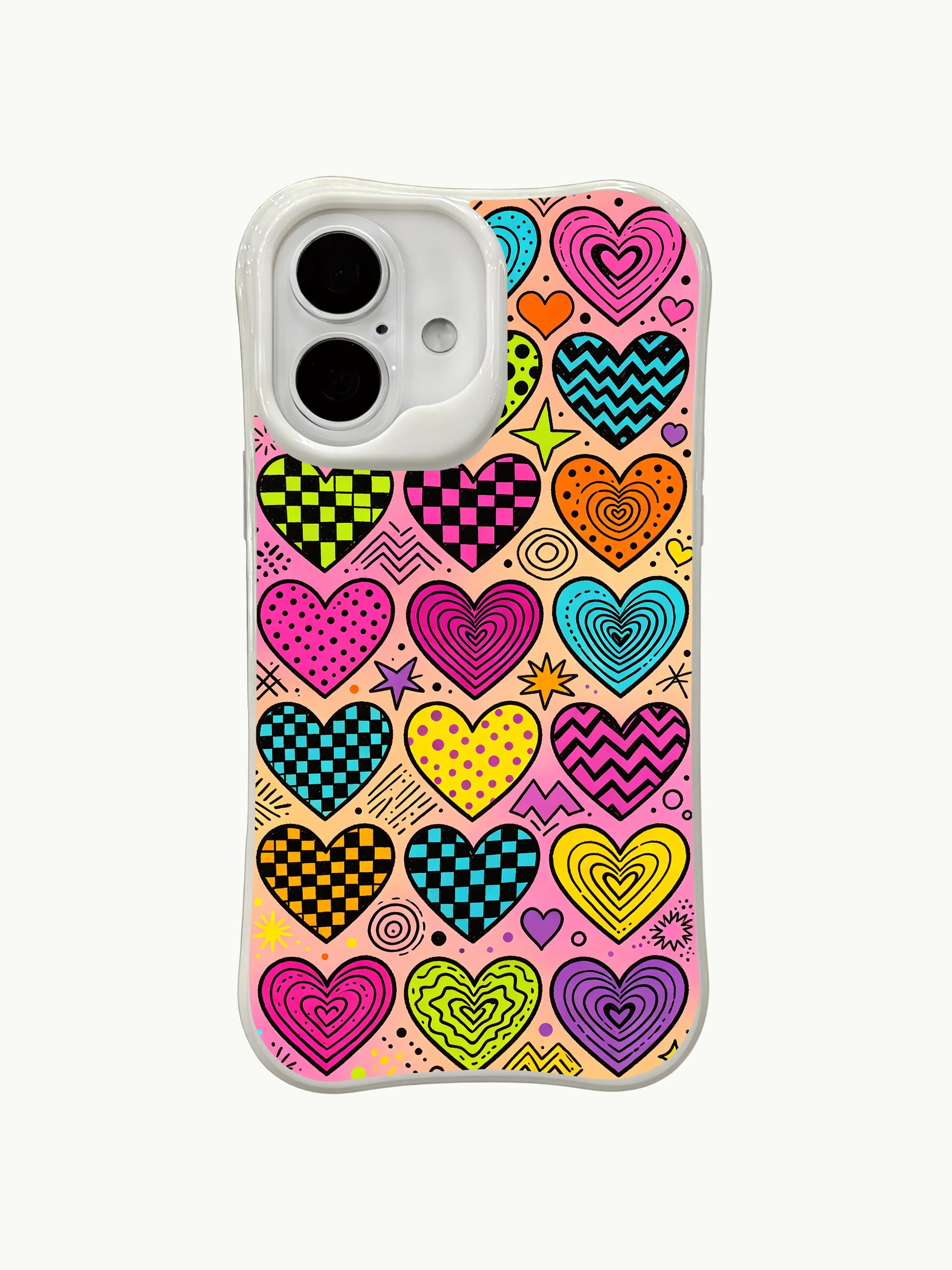 PhoneCasing Neon Checker Hearts Case for iPhone 16 Plus, a bold iPhone 16 plus casing with colorful geometric hearts and gradient background.