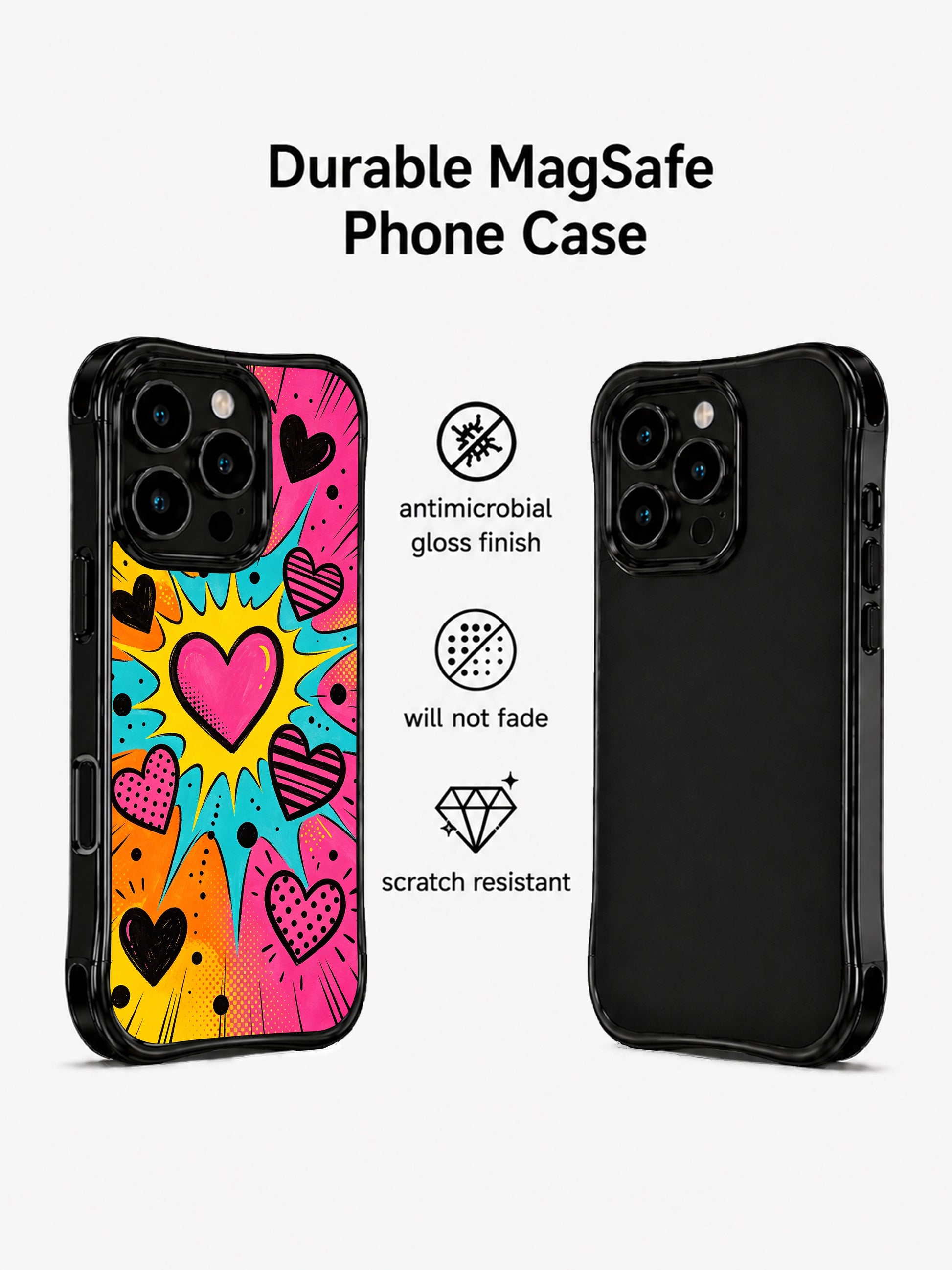 PhoneCasing iPhone 13 Pro Max cover segmented bright pink orange yellow cyan comic burst panels filled with floating outlined hearts, delivers bold outgoing crush energy, edgy youthful artistic casing.