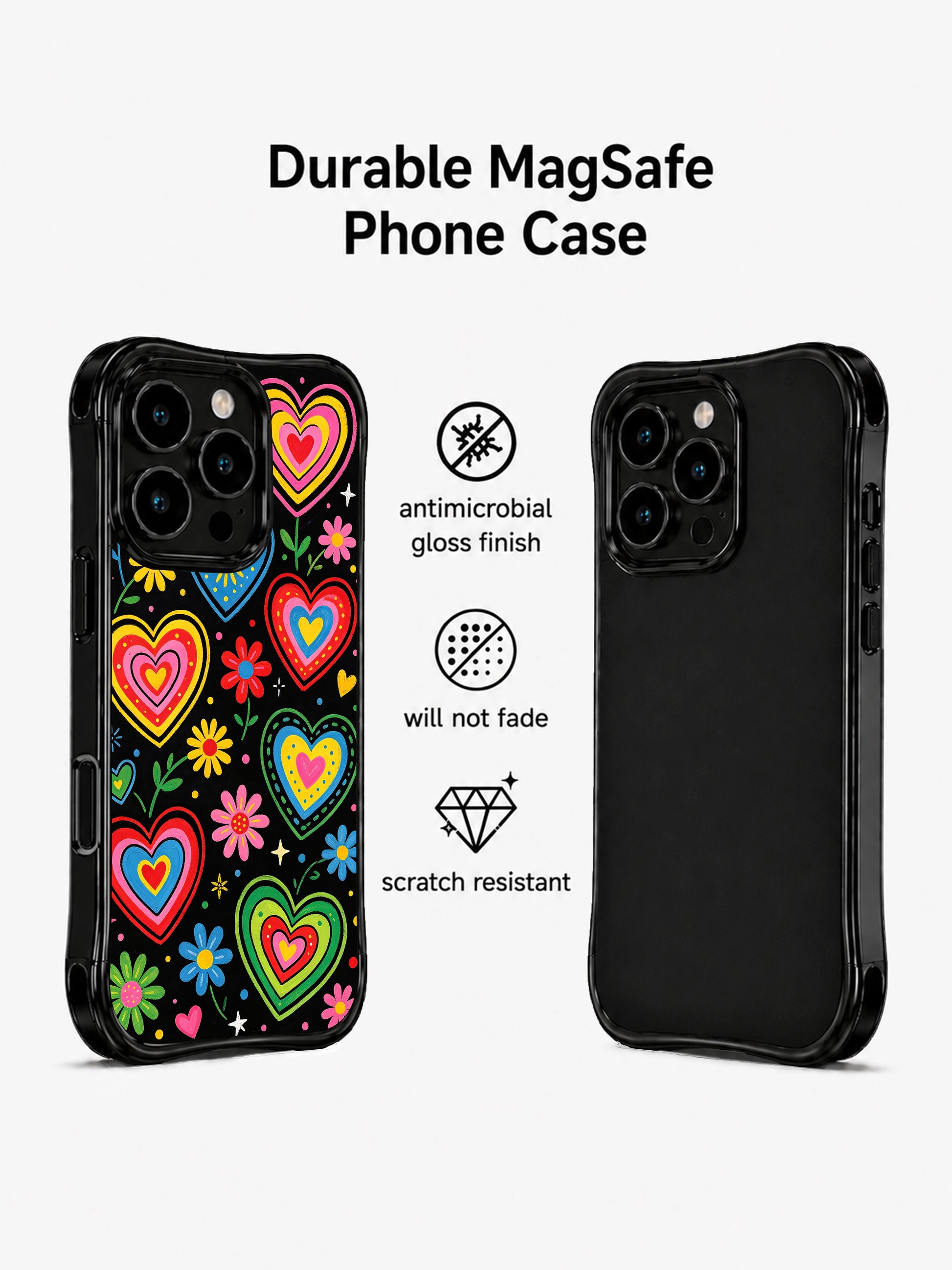 Nova Heartwell exclusive PhoneCasing iPhone 13 Pro Max cover, rough hand drawn midnight bloom heart floral pattern, neon rainbow layered hearts, matte black dark night romantic casing