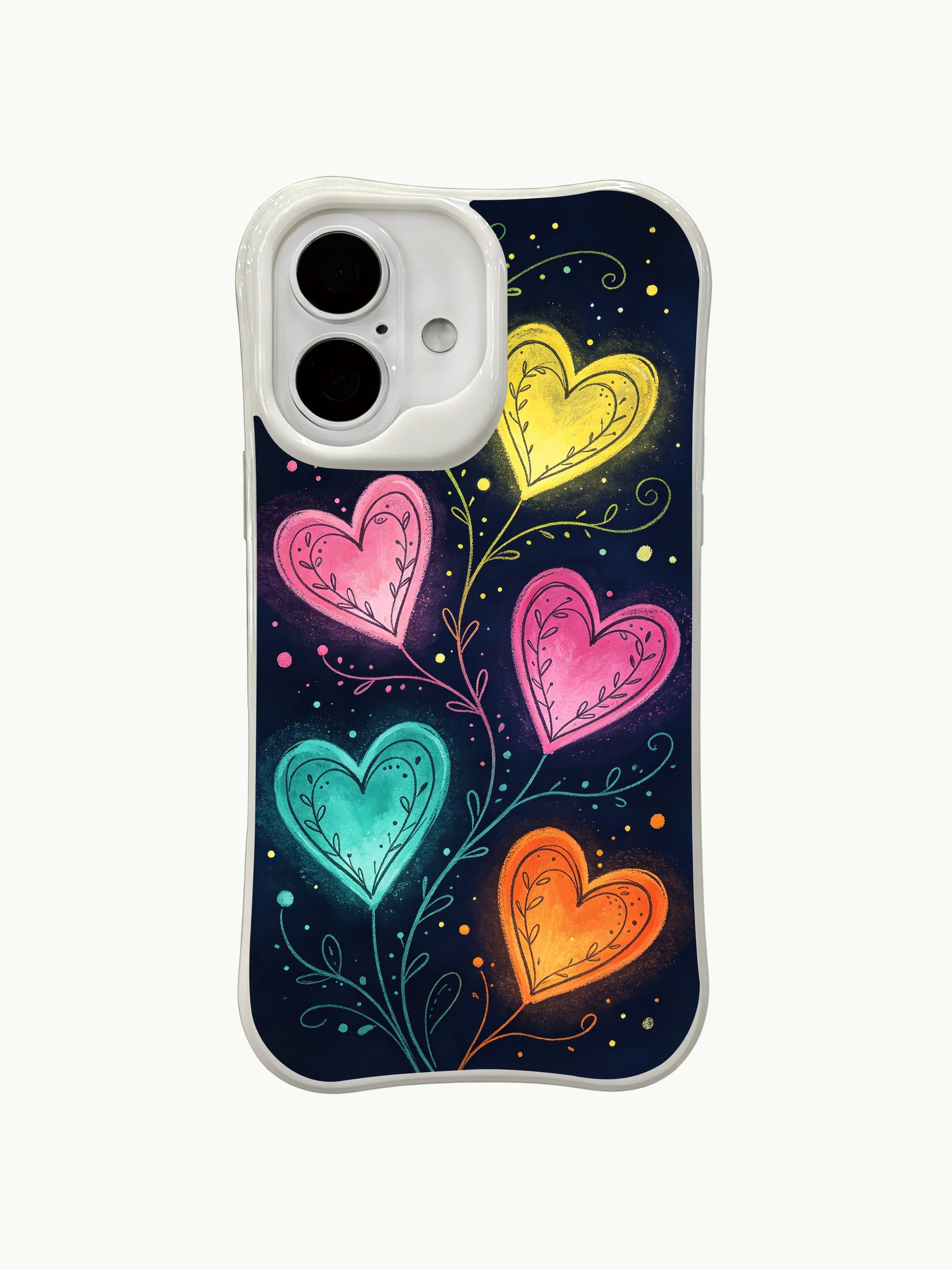 PhoneCasing Neon Dark Hearts Case for iPhone 16 Plus, a whimsical iPhone 16 plus casing with glowing hearts and floral details.