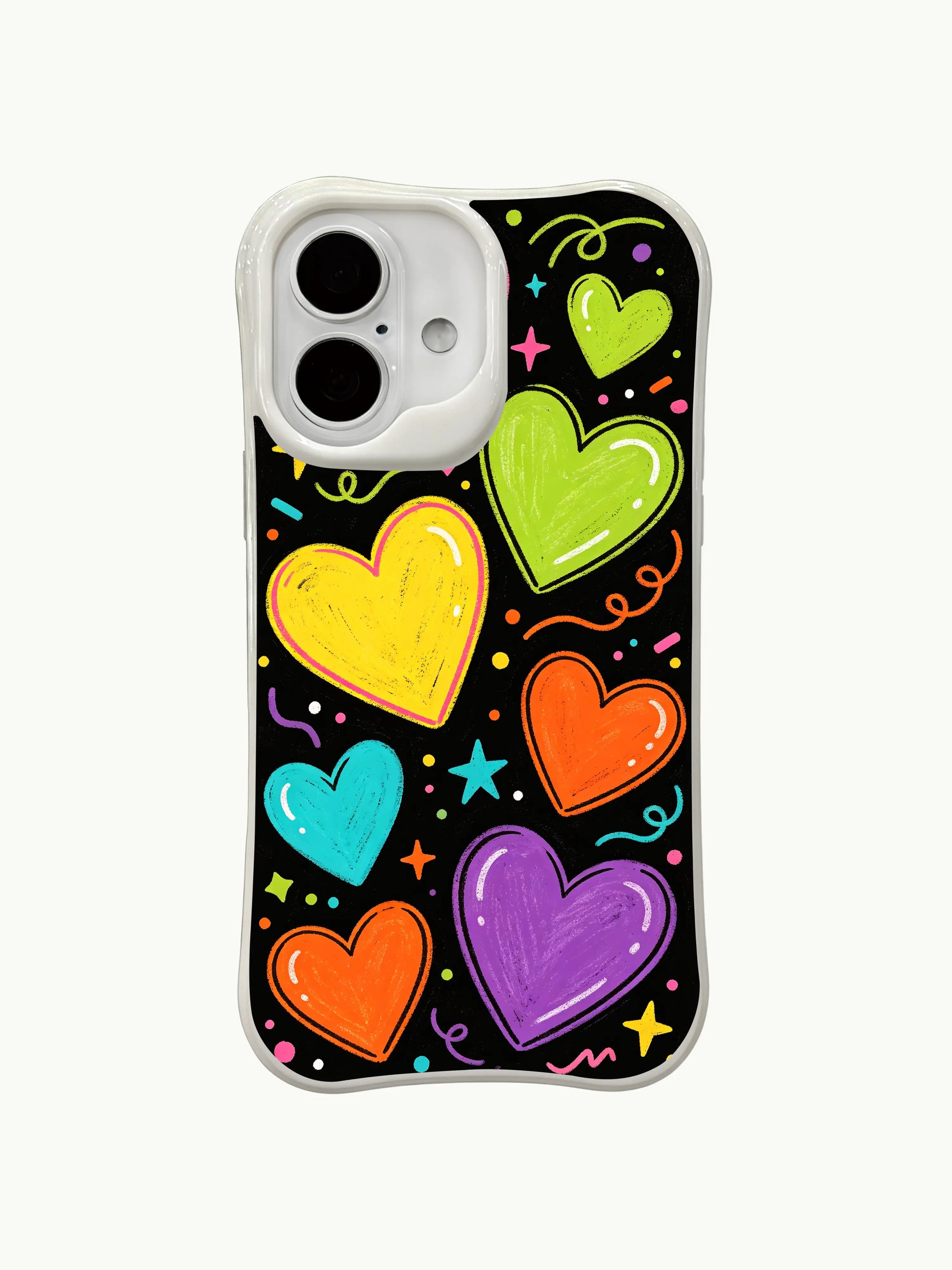 PhoneCasing neon doodle hearts iPhone 16 plus case, a hand-drawn style iphone 16 plus casing with colorful hearts, stars, and streamers that create a fun, expressive design.
