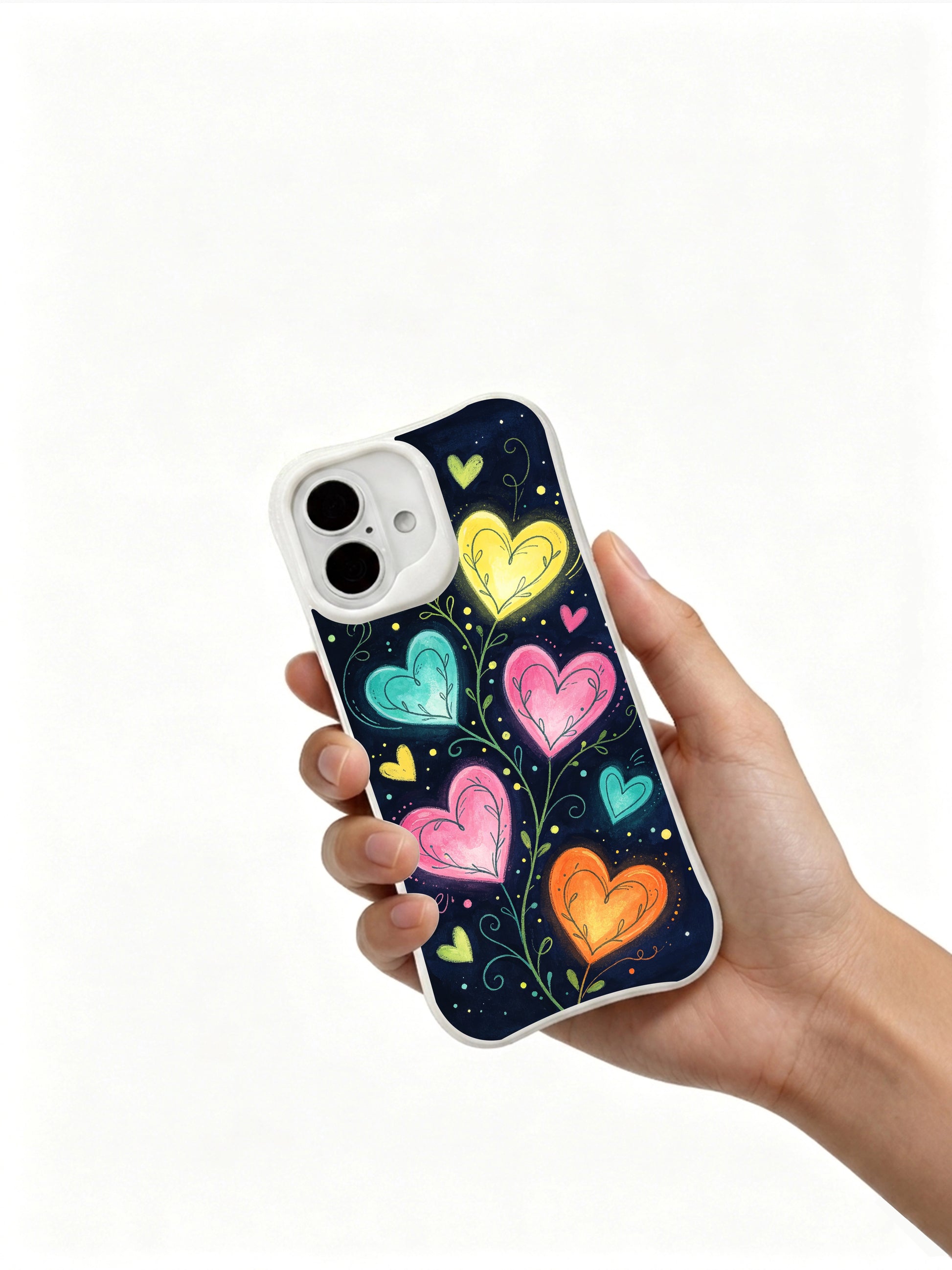 PhoneCasing Neon Floral Hearts Case for iPhone 16 Plus, a vibrant iPhone 16 plus casing with heart vines and party-inspired details.