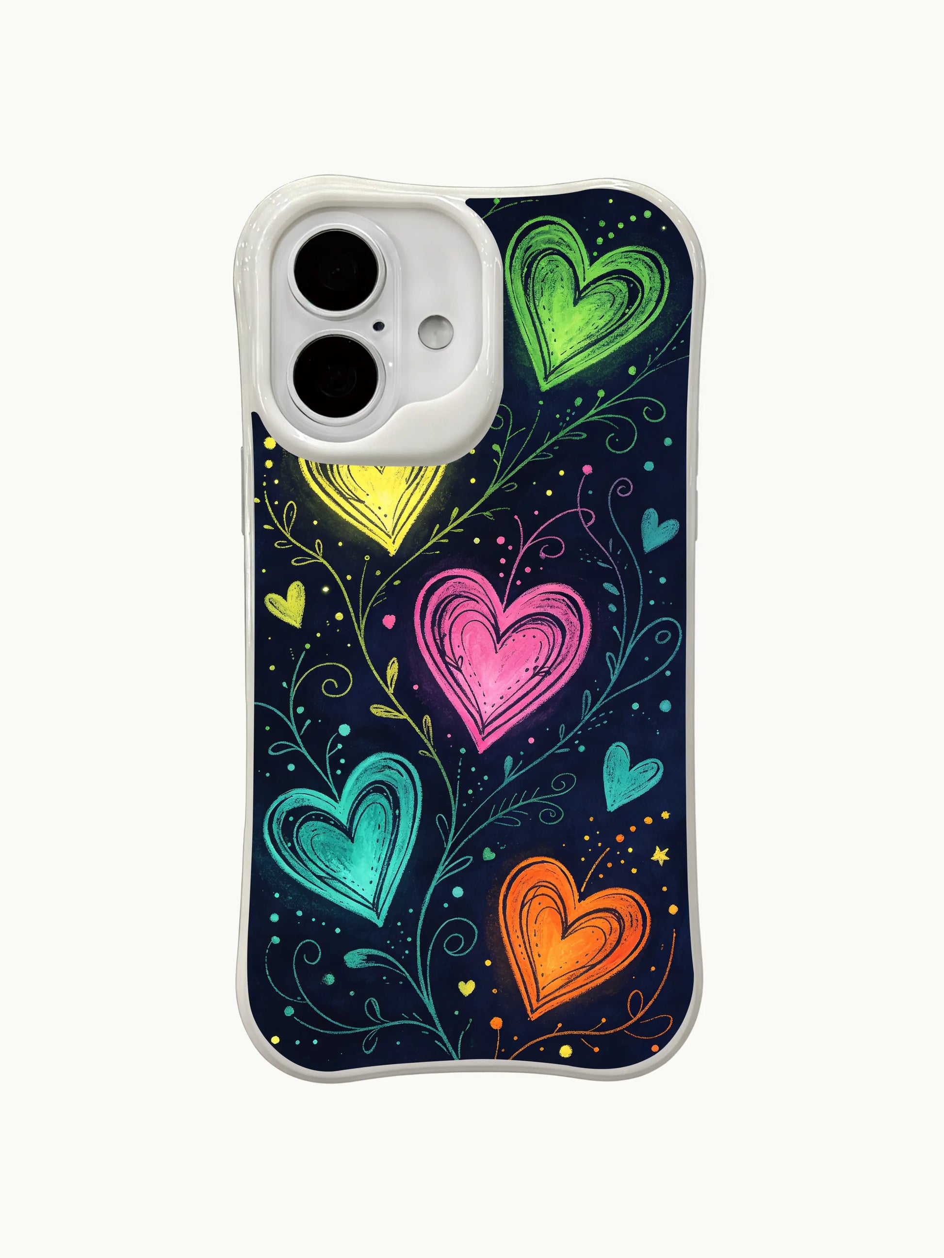 PhoneCasing Neon Forest Whimsy Case for iPhone 16 Plus, a vibrant iPhone 16 plus casing with glowing hearts and dark background.
