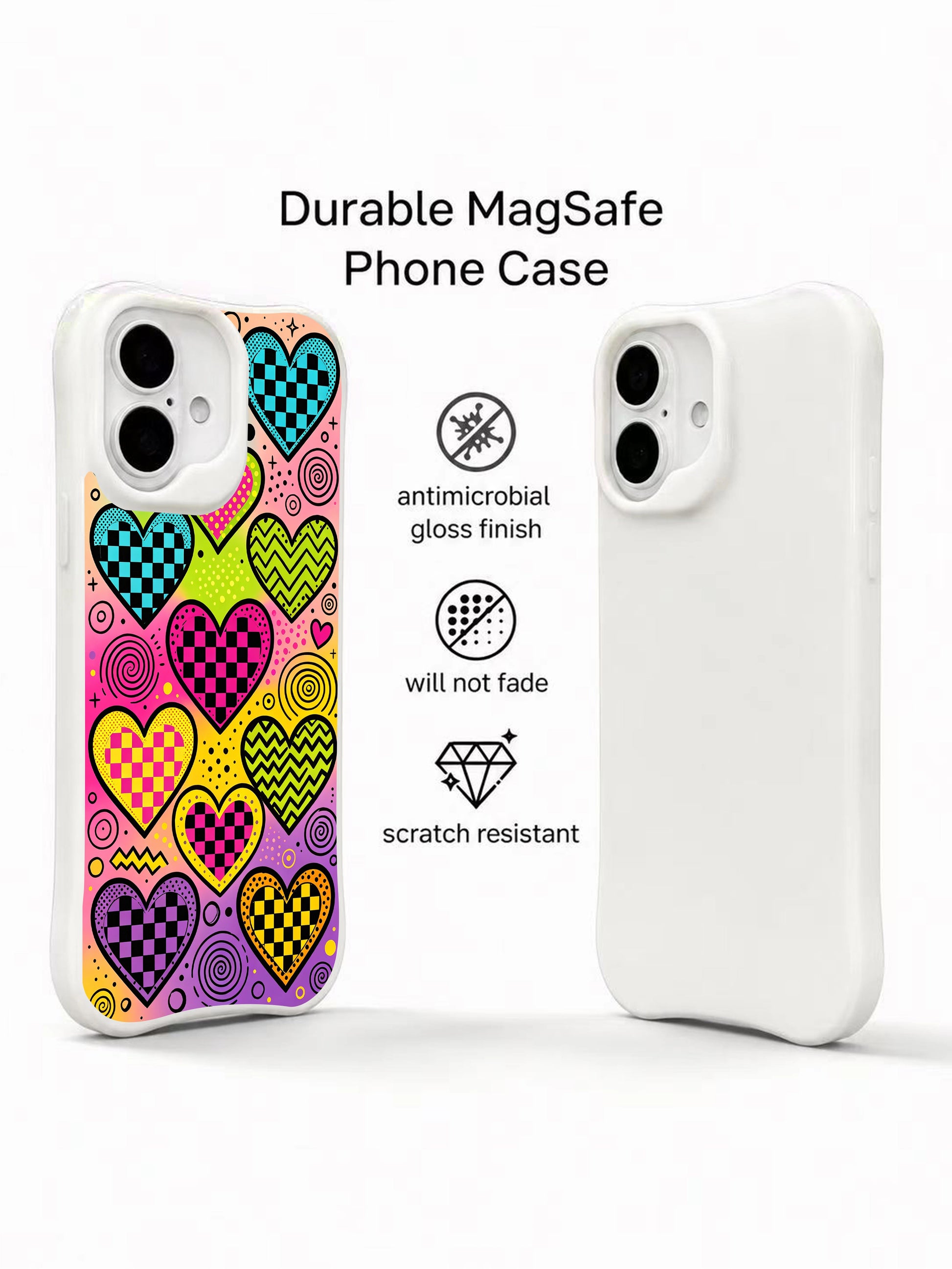 PhoneCasing Neon Geometric Hearts Case for iPhone 16 Plus, a playful iPhone 16 plus casing with mixed pattern hearts and gradient background.