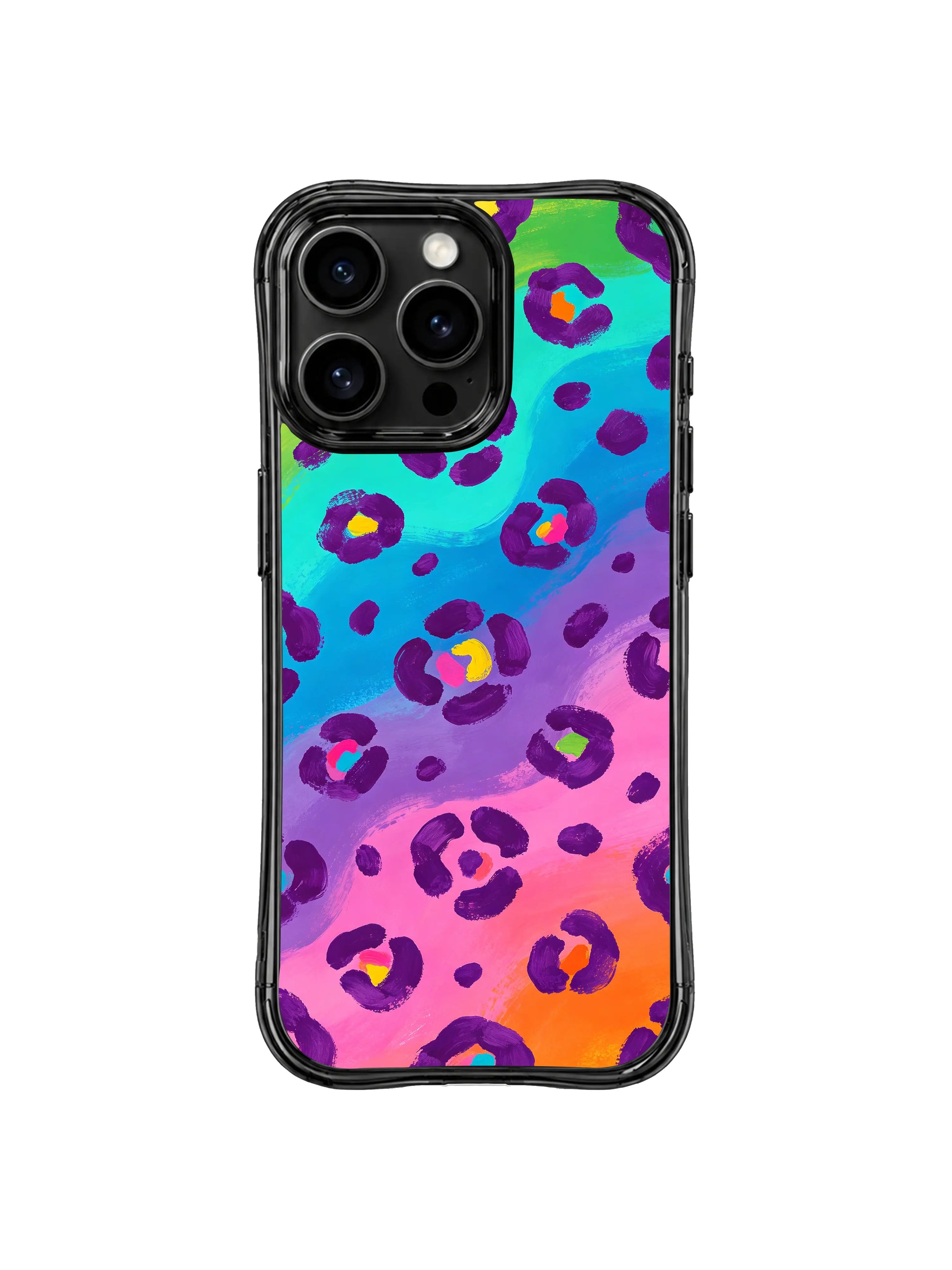 Bold neon gradient wild leopard iPhone 14 Pro Case by PhoneCasing, flowing rainbow stripes with deep purple spots, high-energy design for confident daily wear