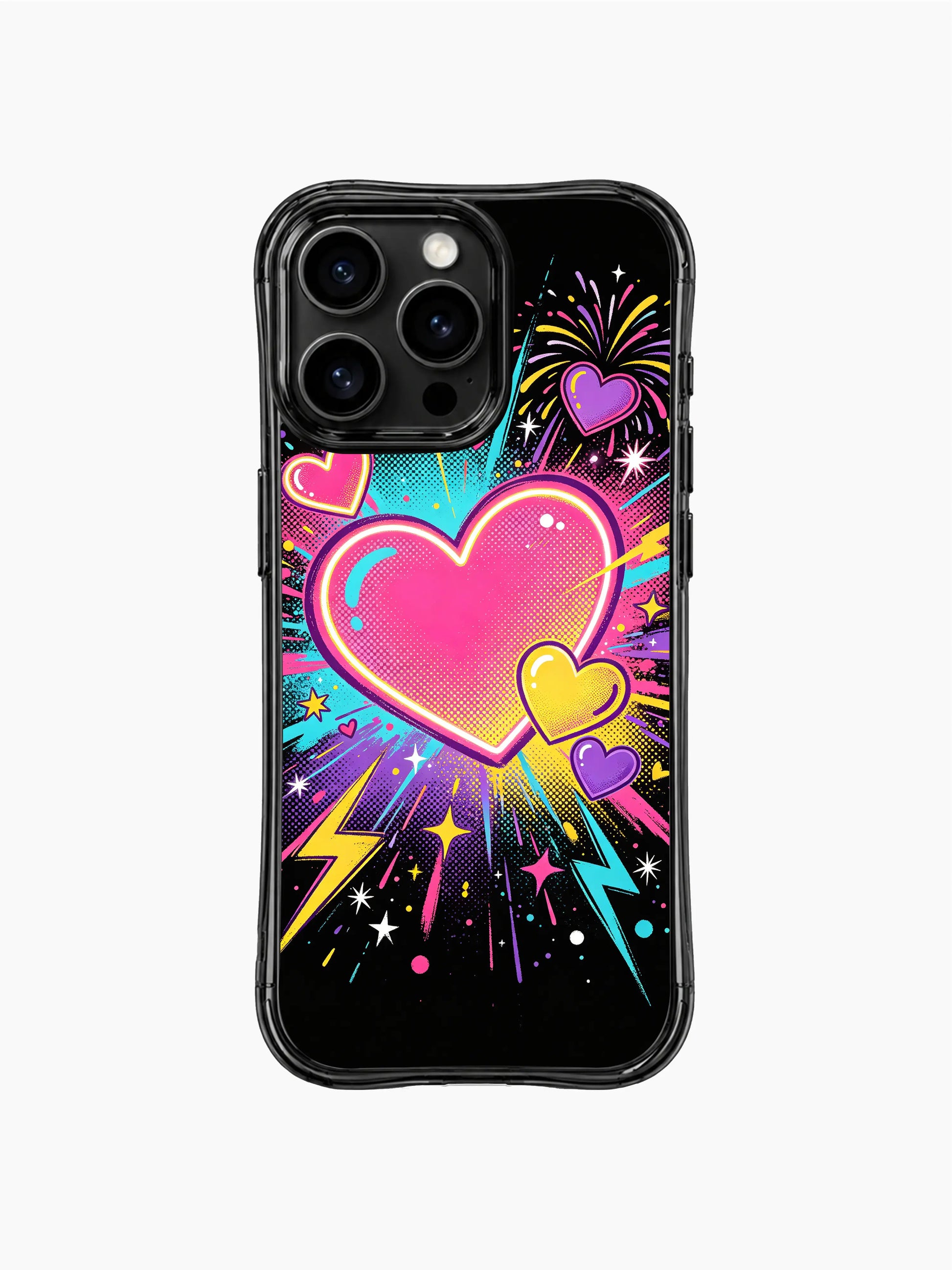 Nova Heartwell exclusive PhoneCasing iPhone 13 Pro Max cover, retro pop comic heart fireworks pattern, neon pink yellow purple outlined hearts, matte black night excitement valentine casing
