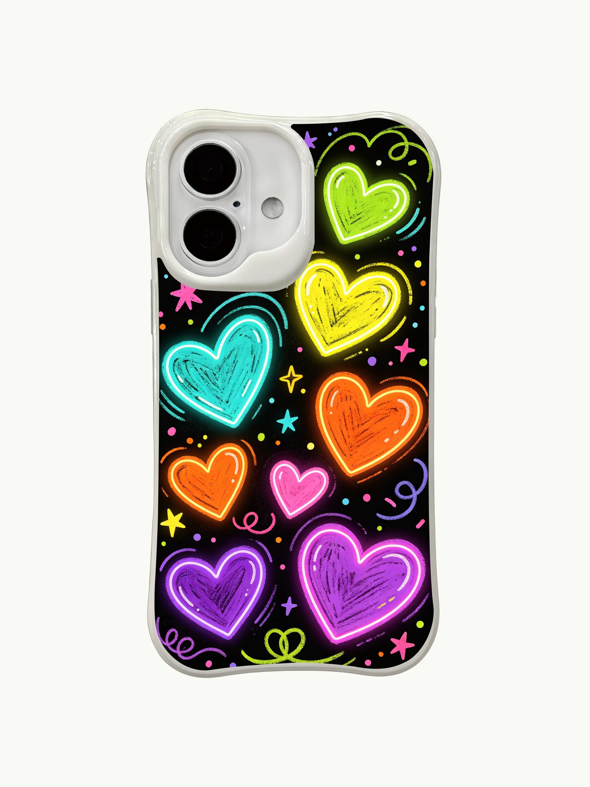 PhoneCasing neon heart doodle party iPhone 16 plus case, a whimsical iphone 16 plus casing with hand-drawn neon hearts, stars, and streamers for a lively, fun design.