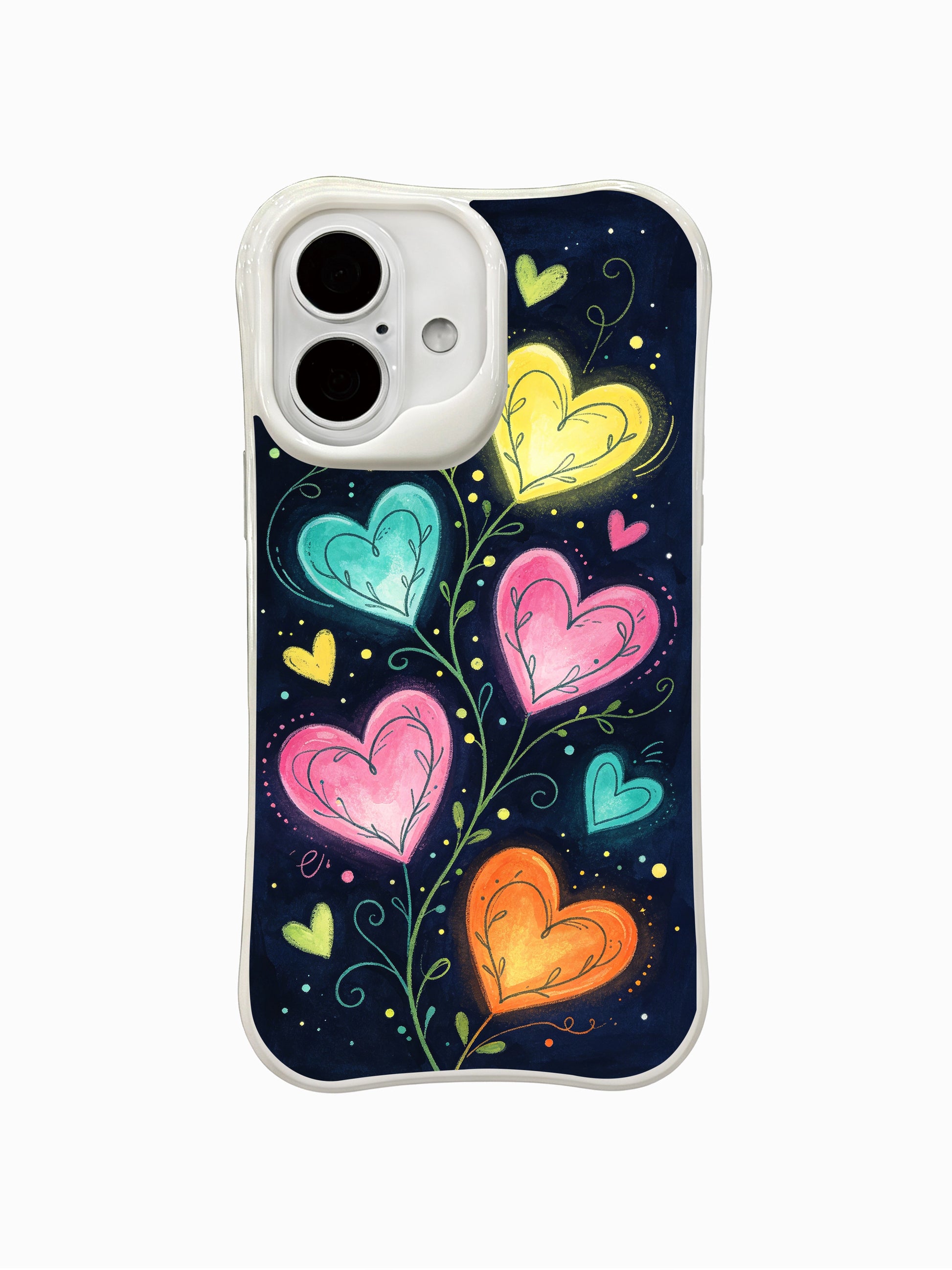 PhoneCasing Neon Heart Forest Case for iPhone 16 Plus by artist Mila Hartwell, a whimsical iPhone 16 plus casing with glowing colorful hearts and vine details on a dark background.