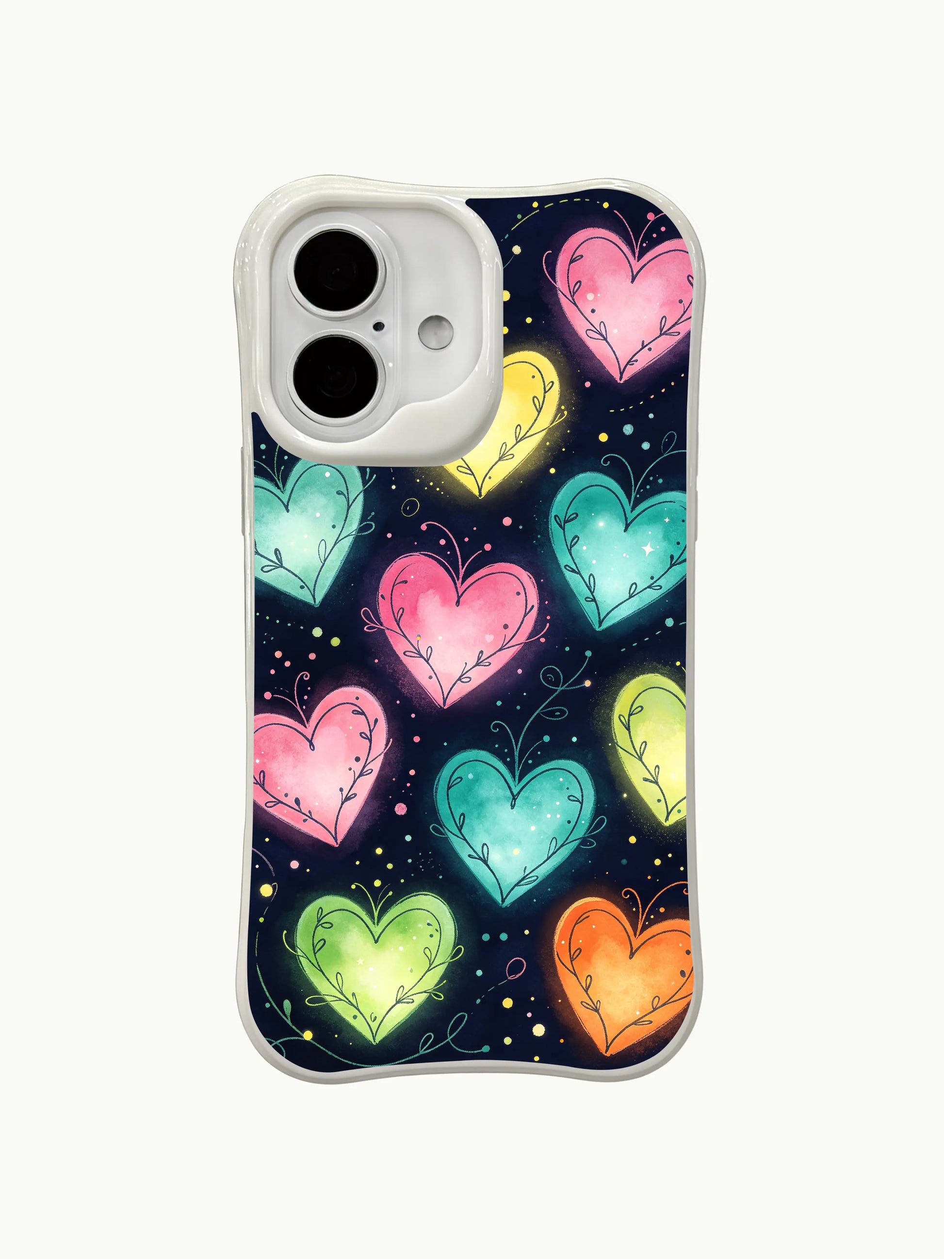 PhoneCasing Neon Night Forest Case for iPhone 16 Plus, a vibrant iPhone 16 plus casing with glowing hearts and star accents.