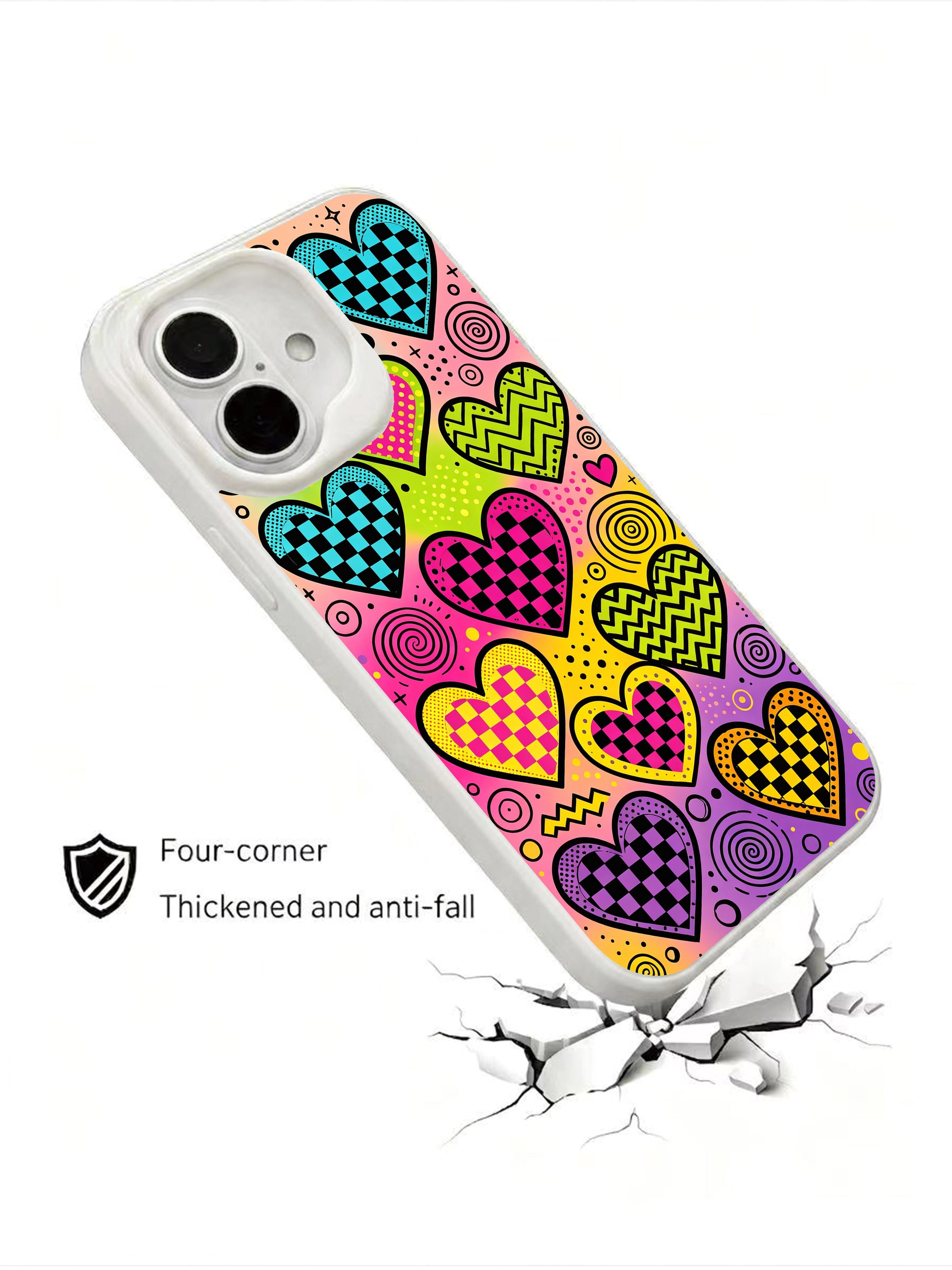 PhoneCasing Neon Patterned Hearts Case for iPhone 16 Plus, a vibrant iPhone 16 plus casing with checkered and abstract hearts and 90s vibes.