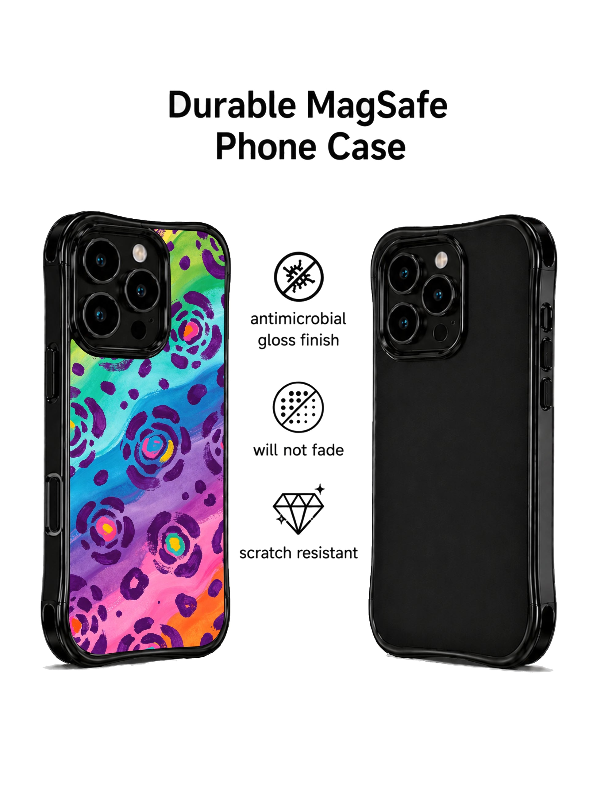 Vibrant neon rainbow pop art leopard iPhone 14 Pro Case by PhoneCasing, bold hand-painted purple rosettes with candy-colored centers, playful Y2K aesthetic for bold everyday style