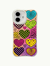 Neon Retro Hearts artwork on an iPhone 16 Plus case