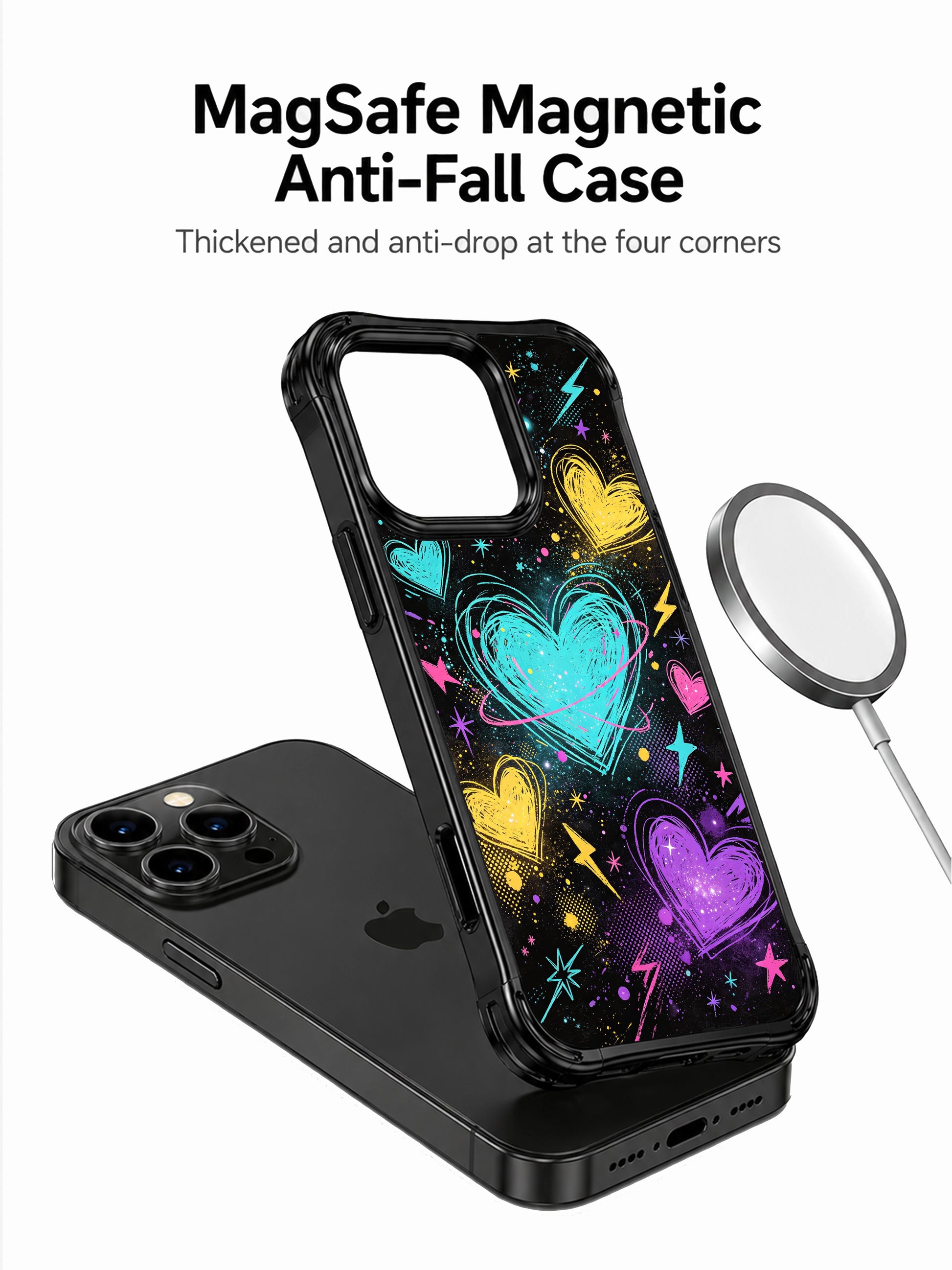 PhoneCasing iPhone 13 Pro Max case messy freehand scribble outline hearts, scattered multi-shape starbursts, neon lightning bolts and paint splatters, deep black cosmic backdrop, dreamy space pop art phone casing.