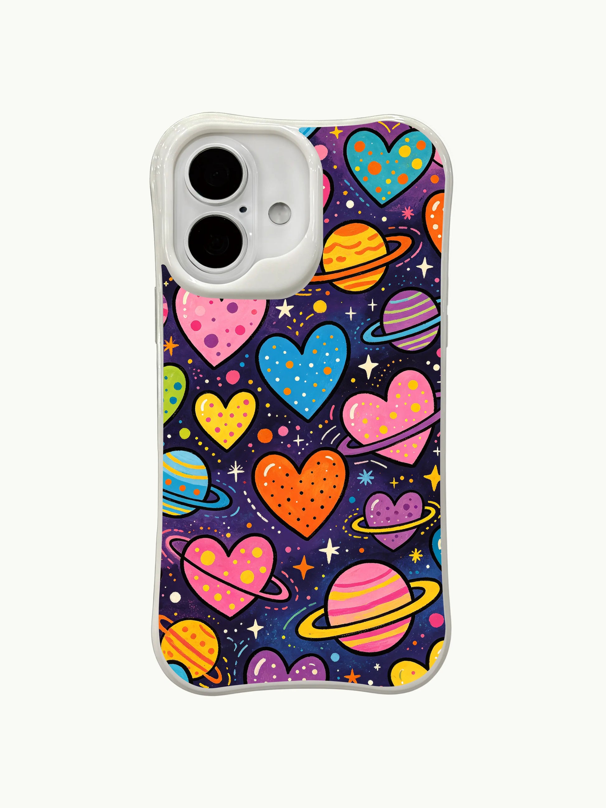  PhoneCasing Neon Space Hearts Case for iPhone 16 Plus, a vibrant iPhone 16 plus casing with heart planets and cosmic background.
