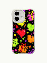 PhoneCasing neon star confetti iPhone 16 plus case, unique design combining glowing hearts, gift boxes and curly streamers.