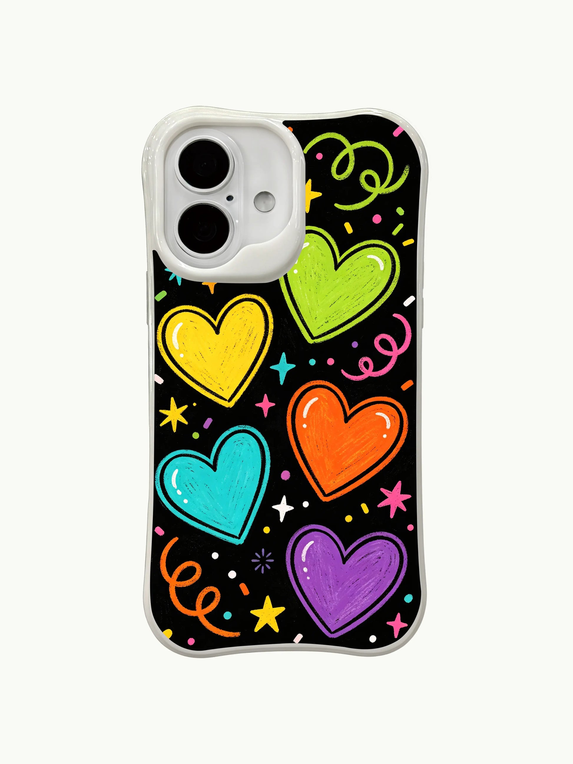PhoneCasing neon stars and hearts iPhone 16 plus case, a playful iphone 16 plus casing with colorful hearts, stars, and streamers on a black background