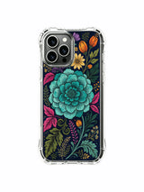 PhoneCasing iPhone 16 Pro Max Case with night bloom tapestry art by Elias Nocturne. Detailed teal flower and colorful foliage pattern, premium art case.