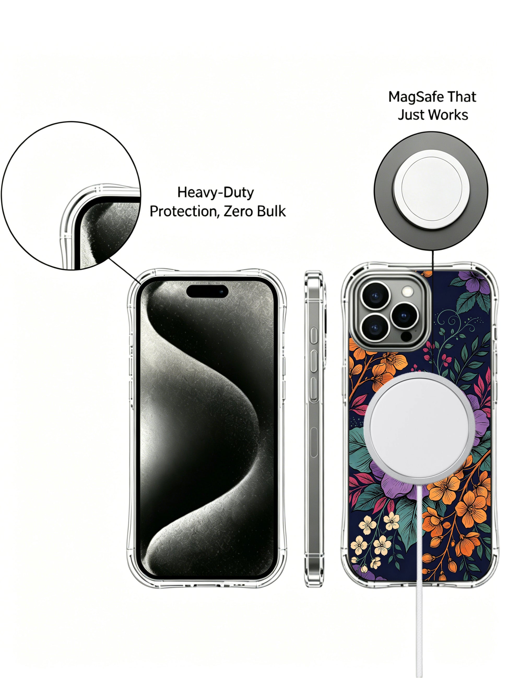 PhoneCasing iPhone 16 Pro Max Case with night blooms in gold and purple. Vibrant flowers and lush foliage against a midnight background, premium art phone case.