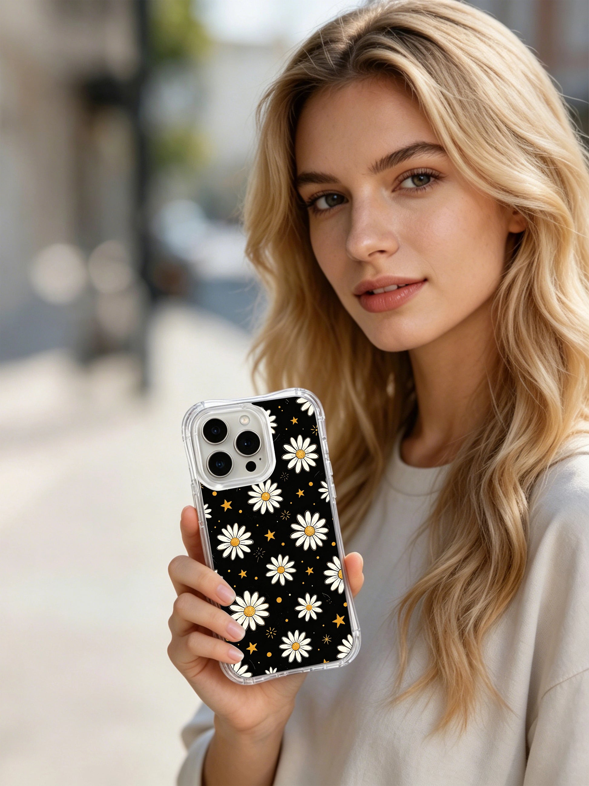 PhoneCasing iPhone 16 Pro Max Case with Night Blooms print, white daisies shining bright against a moody black background.