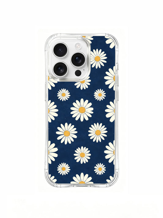 PhoneCasing iPhone 16 Pro Max Case featuring the Night Blue Daisies design by artist Daisy Vale, white blooms floating like moonlight on a calm dark background.