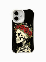 PhoneCasing Night Crown fine art iPhone 16 Case, original Morrigan Vale traditional old-school goth tattoo artwork with flower crown skull & crimson roses plus white daisies on aged black backdrop, scratch resistant glossy casing crafted in California
