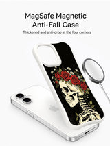 PhoneCasing Night Floral Crown spiritual goth iPhone 16 Case, hand-drawn skull adorned with red rose & daisy crown against solid black background, antimicrobial smooth finish durable iPhone 16 casing