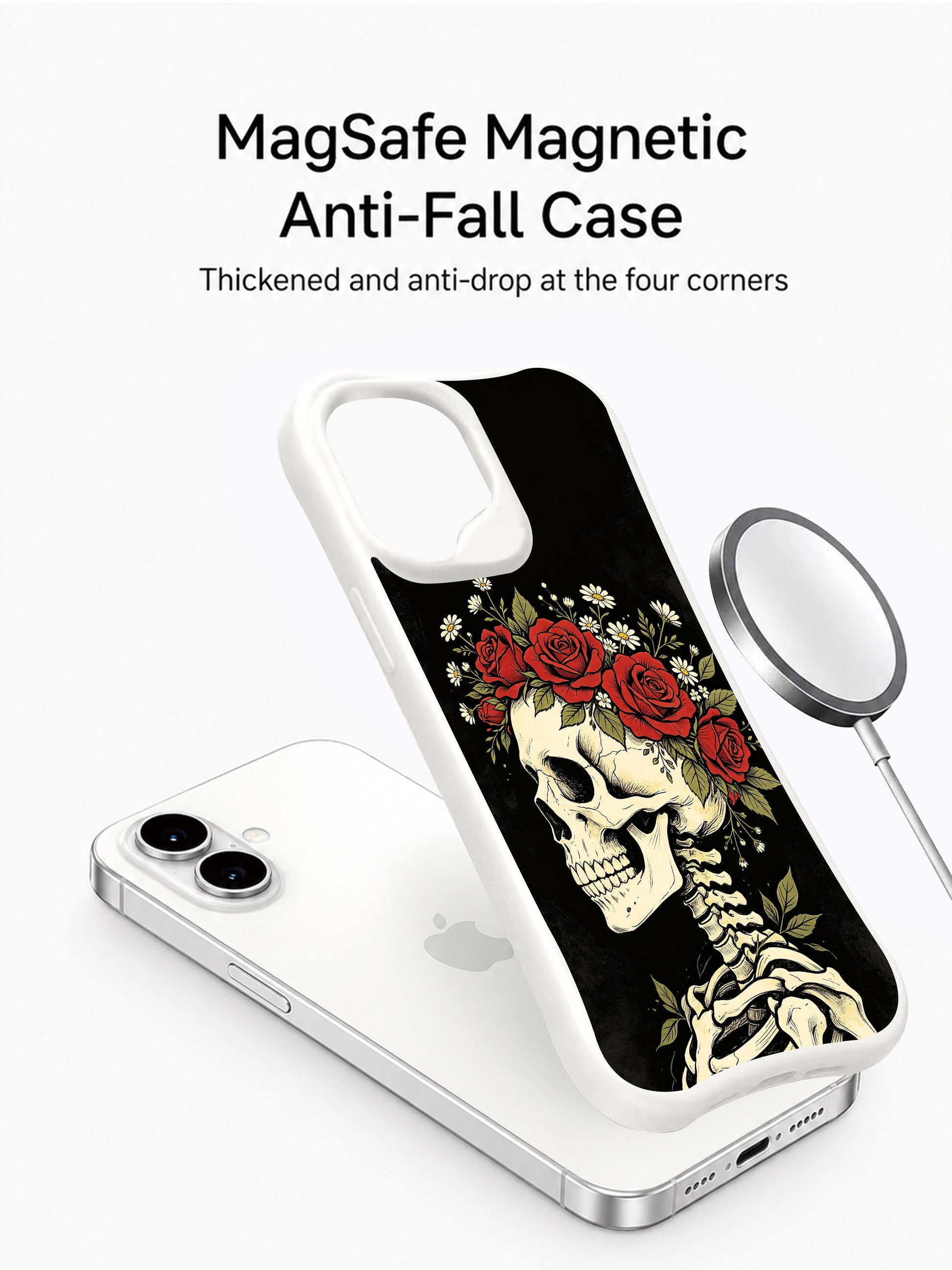 PhoneCasing Night Floral Crown spiritual goth iPhone 16 Case, hand-drawn skull adorned with red rose & daisy crown against solid black background, antimicrobial smooth finish durable iPhone 16 casing