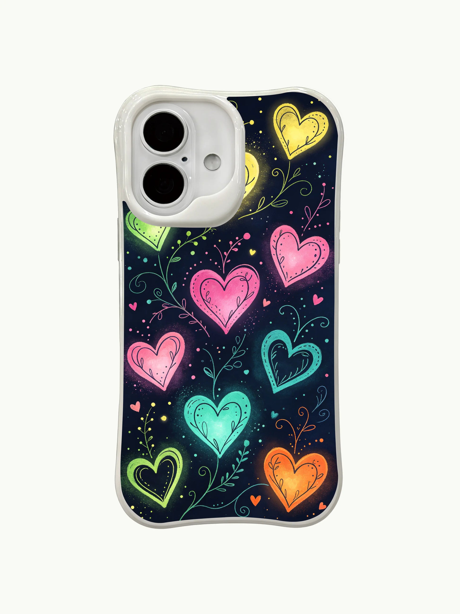 PhoneCasing Night Floral Hearts Case for iPhone 16 Plus, a vibrant iPhone 16 plus casing with neon hearts and dark background.