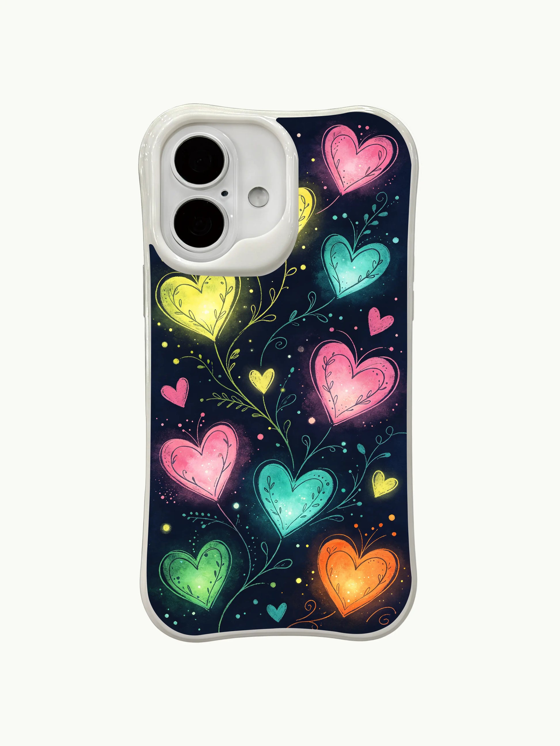 PhoneCasing Night Forest Hearts Case for iPhone 16 Plus, a whimsical iPhone 16 plus casing with neon hearts and dark background.