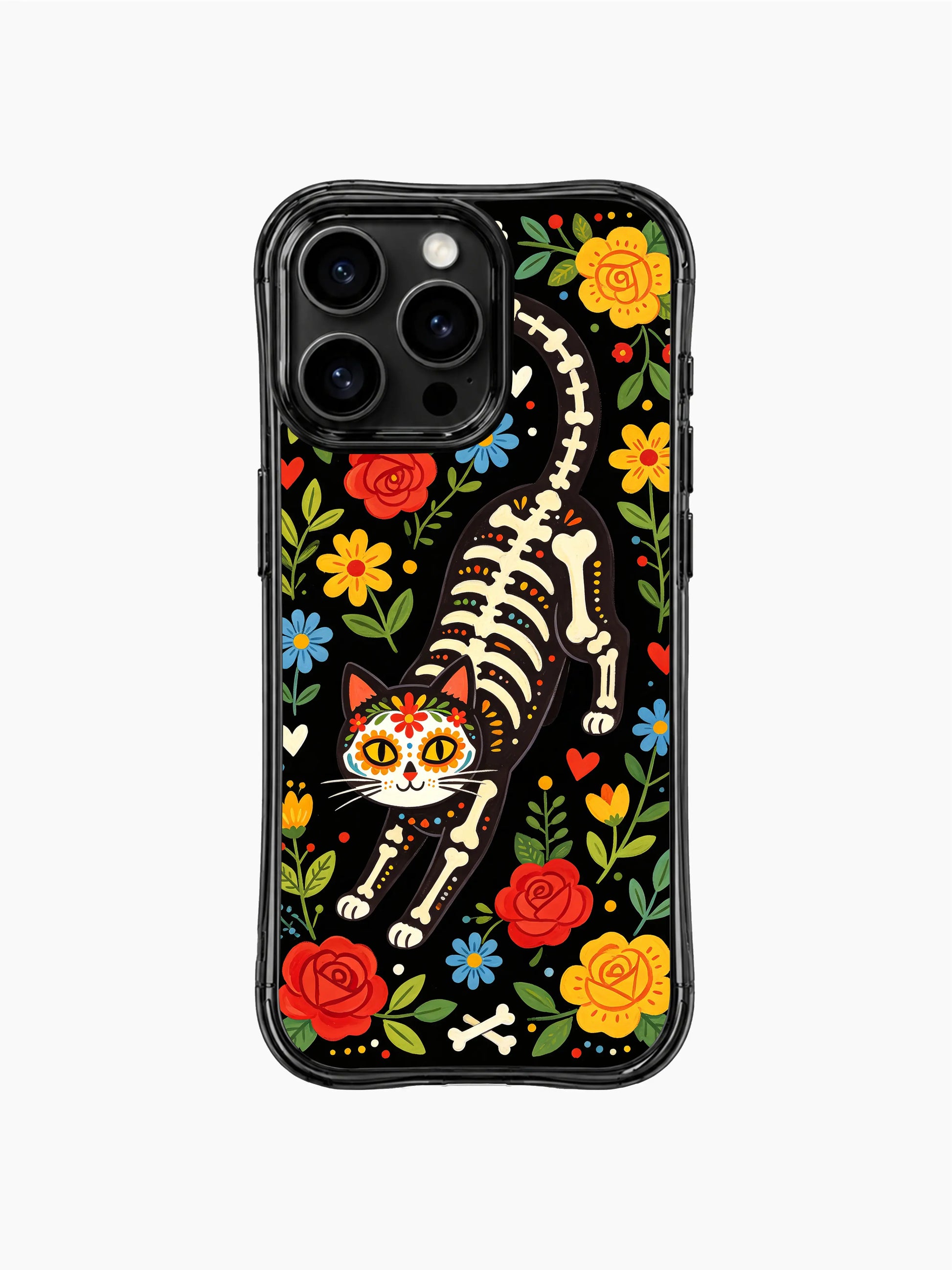 PhoneCasing iPhone 16 pro max Case featuring a whimsical floral skeleton cat with scattered bone motifs and folk flowers, gothic botanical print by Estrella Nocturna, durable protective iPhone 16 pro max casing.