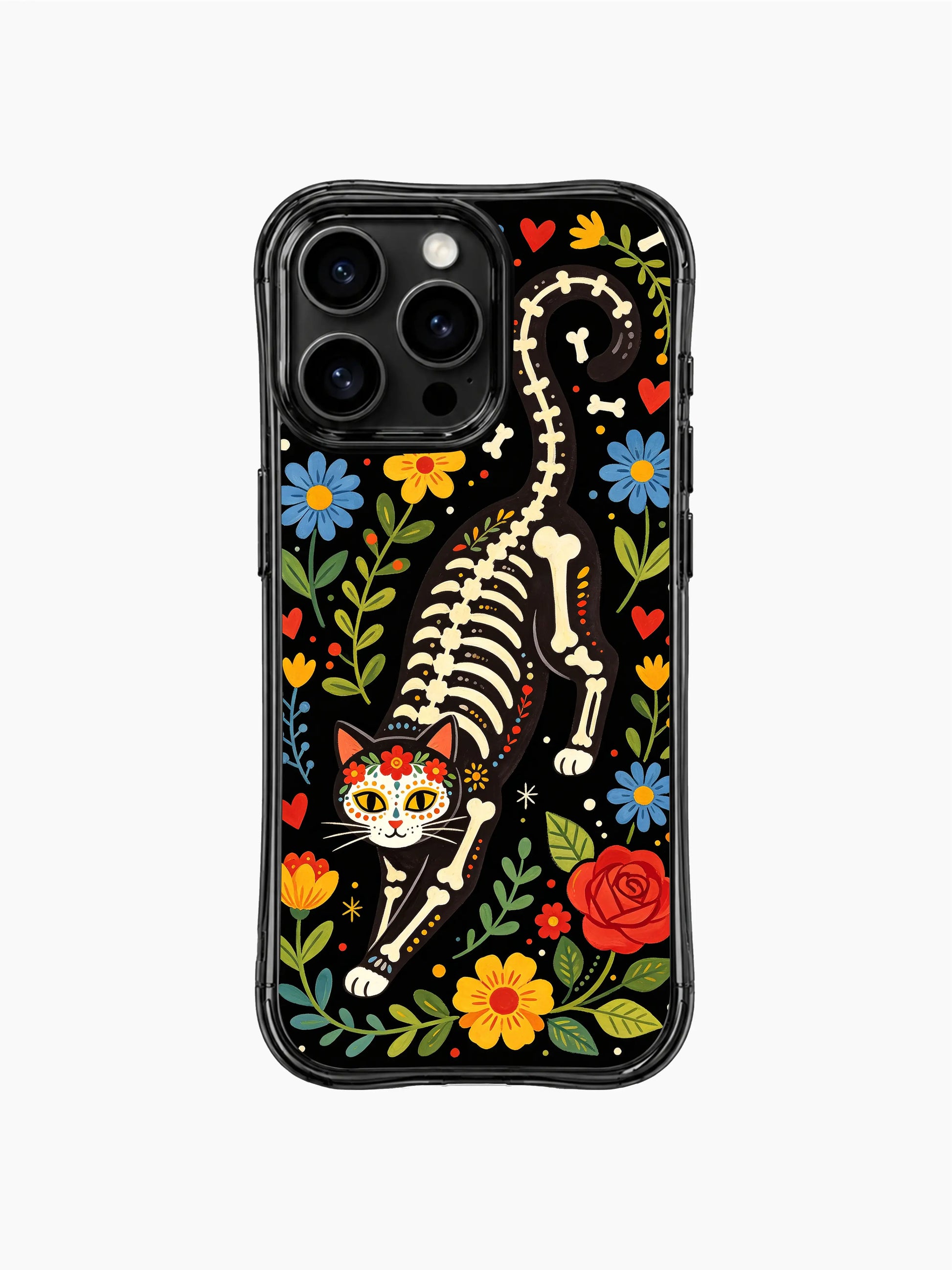 PhoneCasing iPhone 16 pro max Case featuring a floral skeleton cat winding through floral vines and blooms, folk fantasy sugar skull art by Estrella Nocturna, scratch-resistant protective iPhone 16 pro max casing.