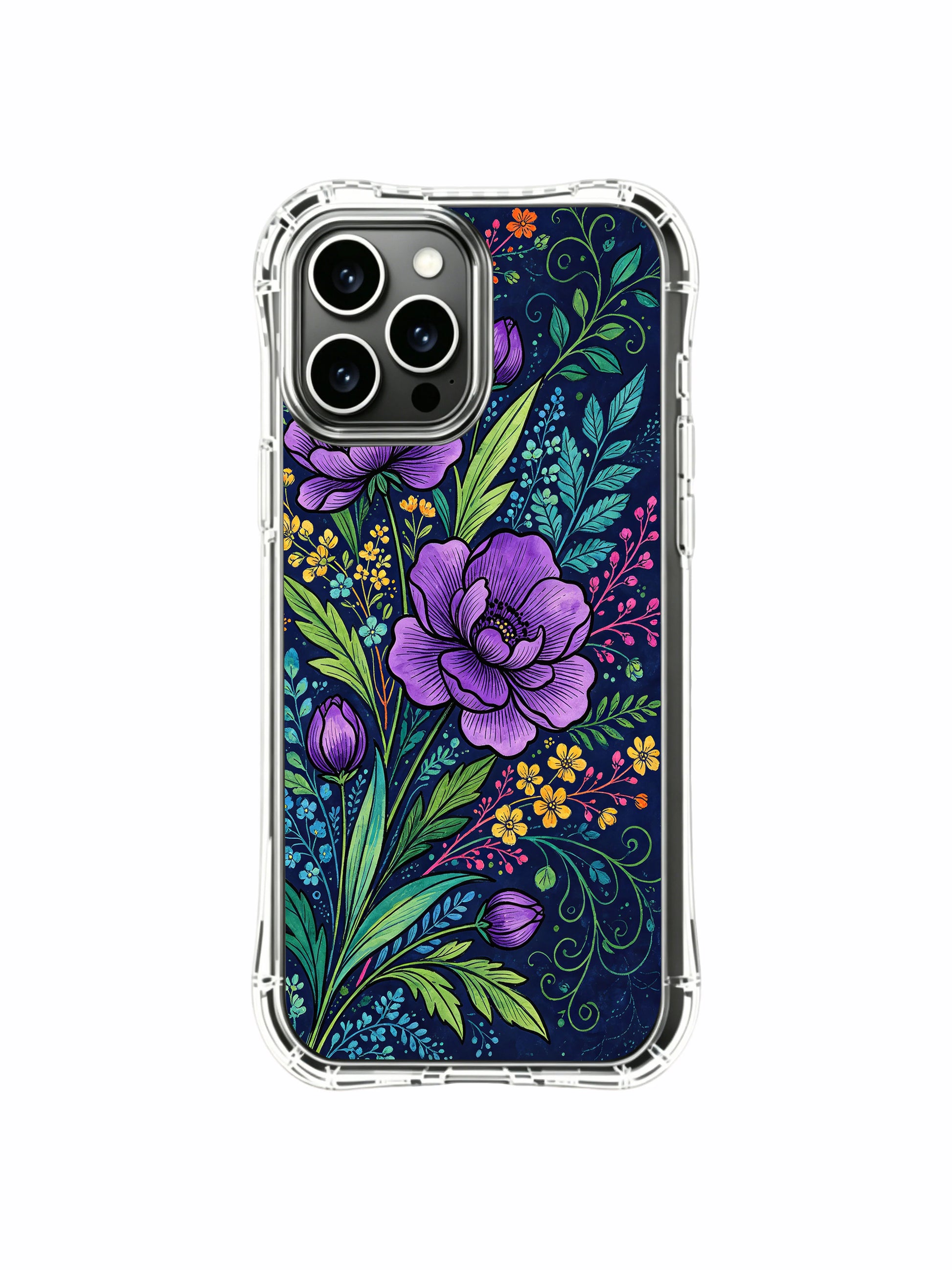PhoneCasing iPhone 16 Pro Max Case with night garden peony art. Purple peonies and colorful foliage, fade-resistant floral print.
