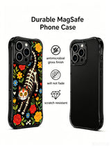 PhoneCasing iPhone 16 pro max Case featuring a floral skeleton cat with flower crown in midnight bloom garden, hand-drawn folk fantasy design with red roses and colorful petals, long-lasting vivid print on iPhone 16 pro max casing.