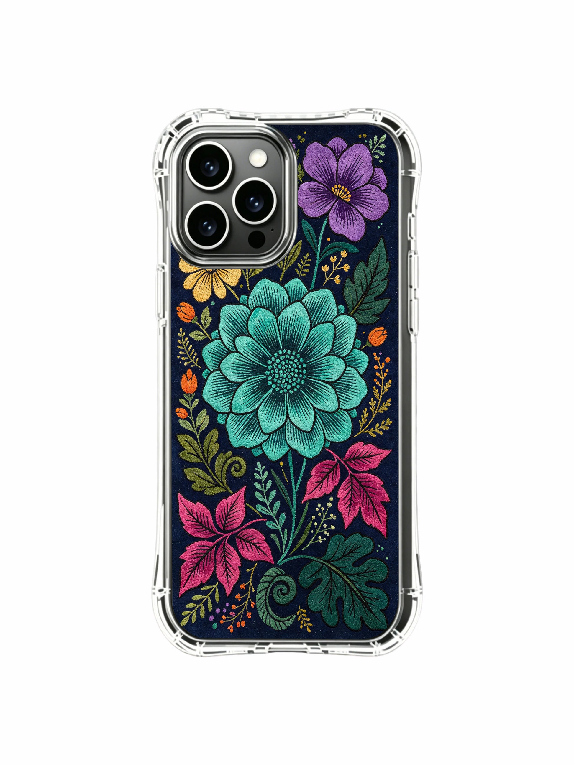 PhoneCasing iPhone 16 Pro Max Case with night garden tapestry design. Teal flower and colorful foliage pattern, artist-illustrated case made in California.