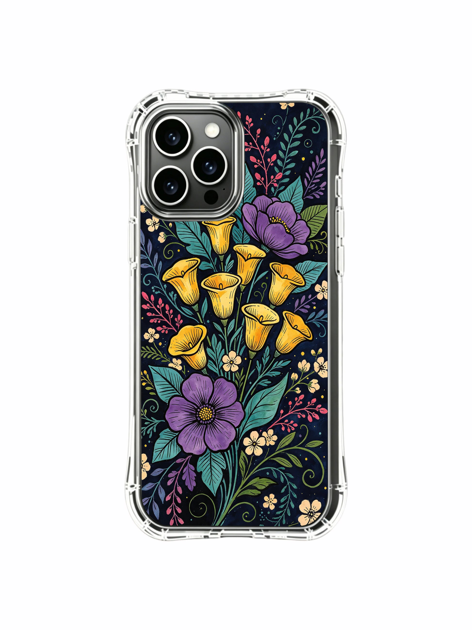 PhoneCasing iPhone 16 Pro Max Case with night garden vibes art. Golden calla lilies and colorful foliage, fade-resistant floral print.