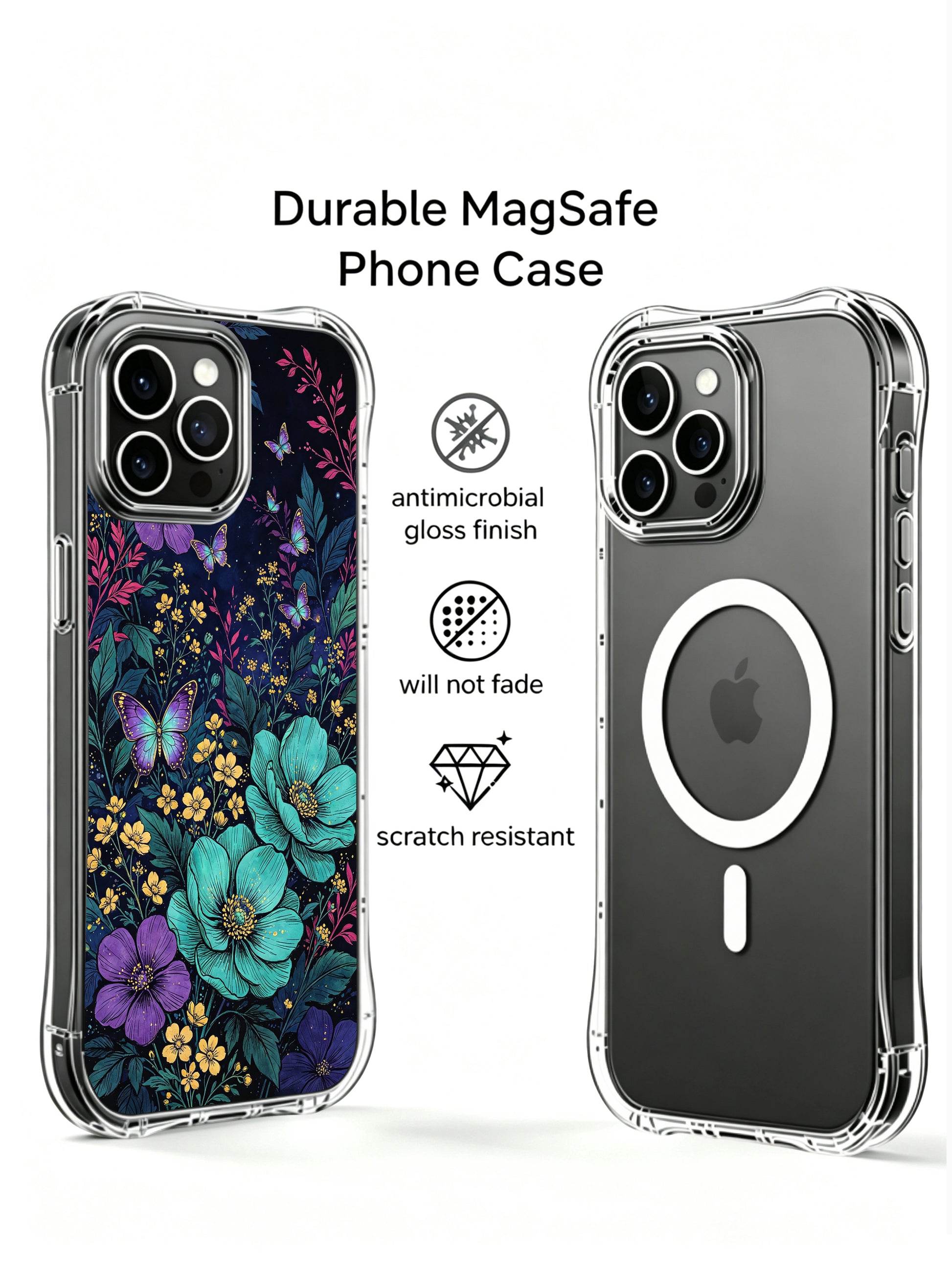PhoneCasing iPhone 13 pro max Case with a night garden print, where iridescent butterflies dance among teal and purple blooms.