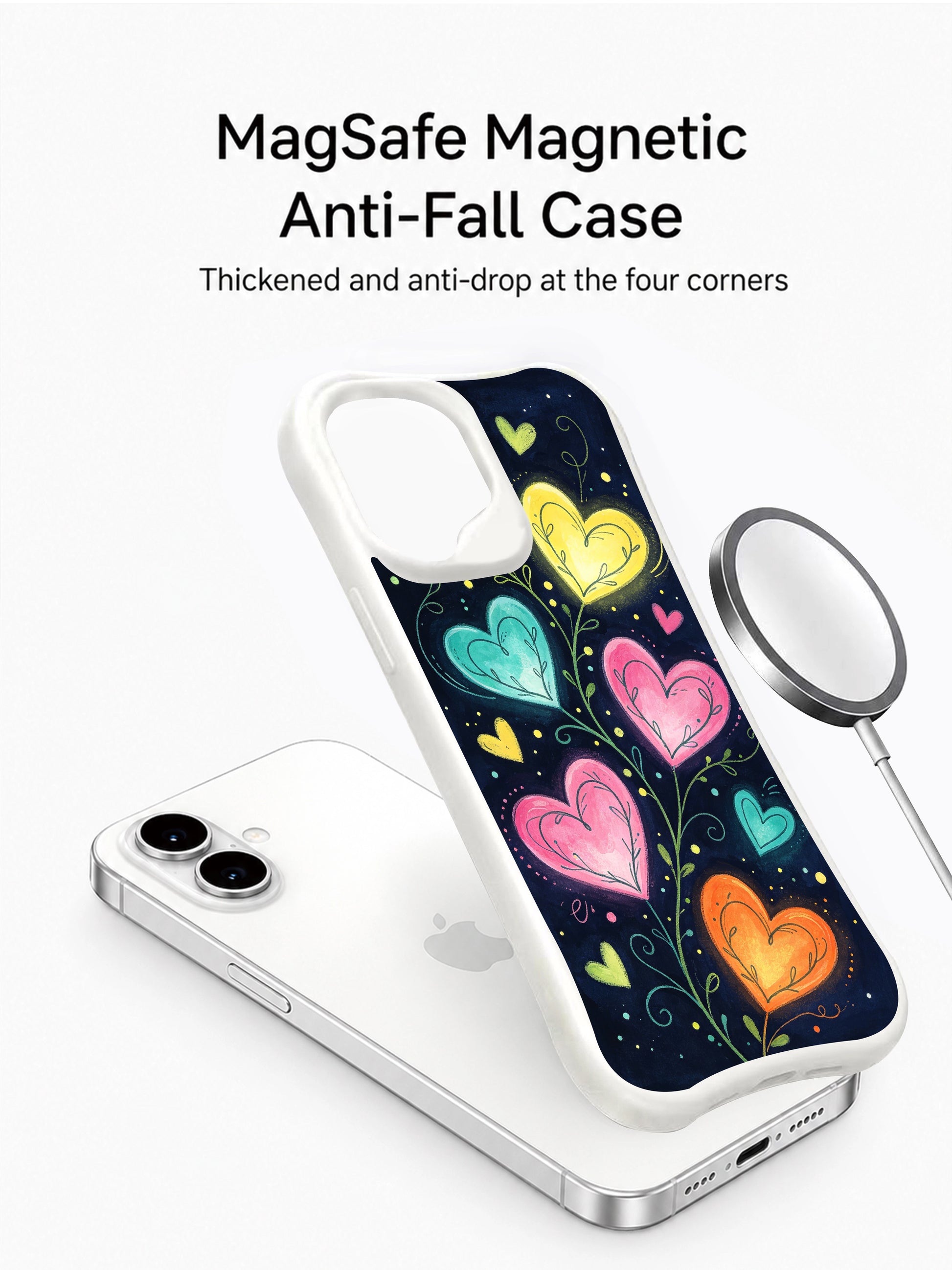PhoneCasing Night Glow Hearts Case for iPhone 16 Plus, a whimsical iPhone 16 plus casing with glowing colorful hearts and dark background.