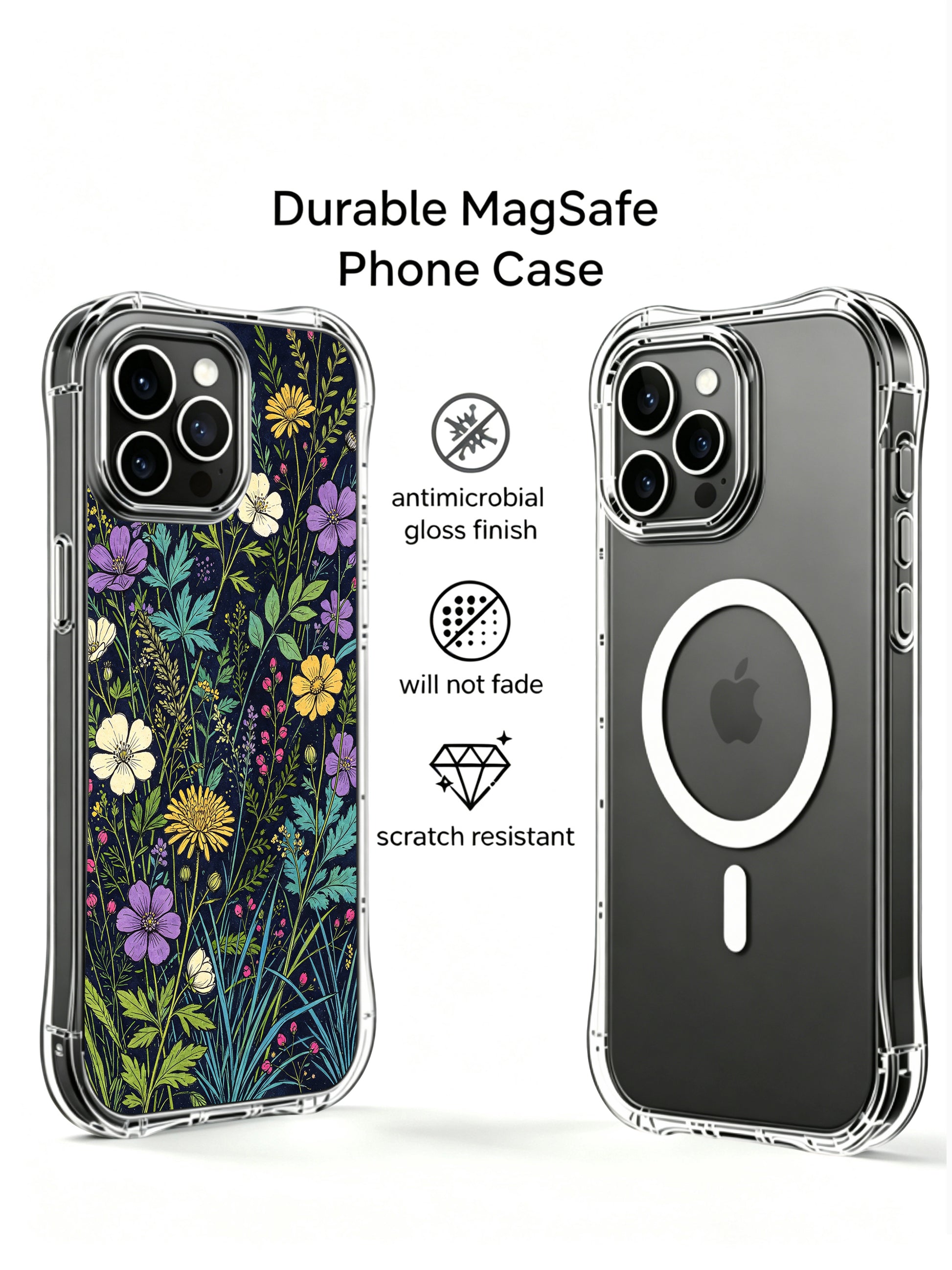 PhoneCasing iPhone 16 Pro Max Case with the Night Meadow Wildflowers design. Colorful blooms and lush leaves, scratch-resistant protective case made in California.