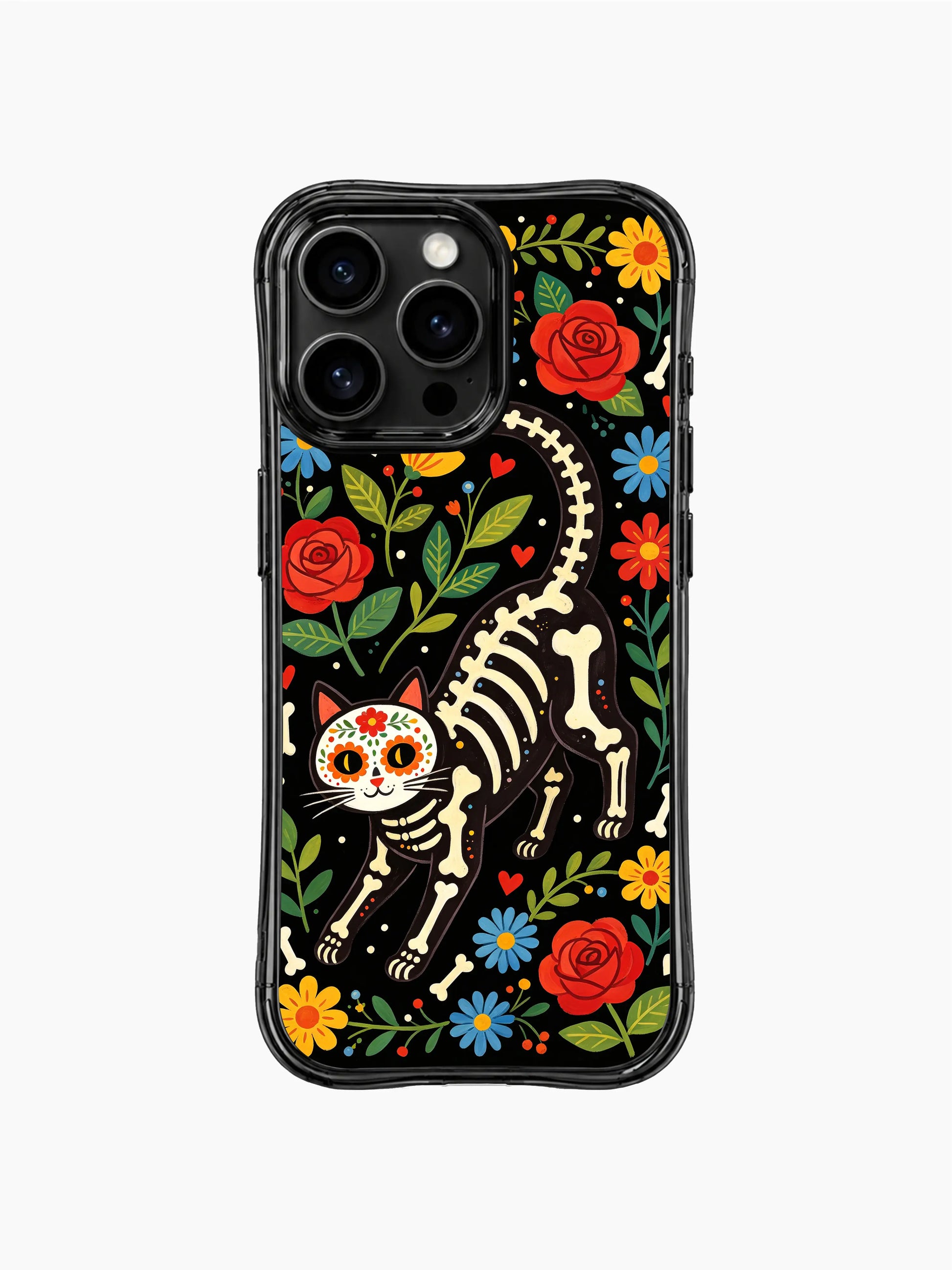 PhoneCasing iPhone 16 pro max Case with a midnight prowling floral skeleton cat surrounded by large red roses and blue daisies, Día de los Muertos folk art on black base, premium anti-drop iPhone 16 pro max casing.