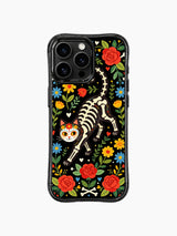 PhoneCasing iPhone 16 pro max Case with a midnight prowling floral skeleton cat surrounded by scattered colorful petals and tiny hearts, folk fantasy garden print on black background, stylish iPhone 16 pro max casing.