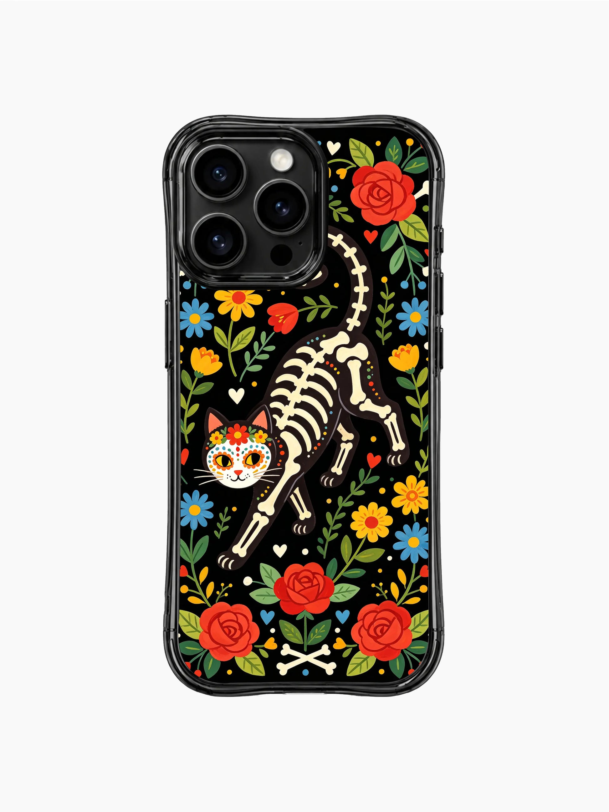PhoneCasing iPhone 16 pro max Case with a midnight prowling floral skeleton cat surrounded by scattered colorful petals and tiny hearts, folk fantasy garden print on black background, stylish iPhone 16 pro max casing.