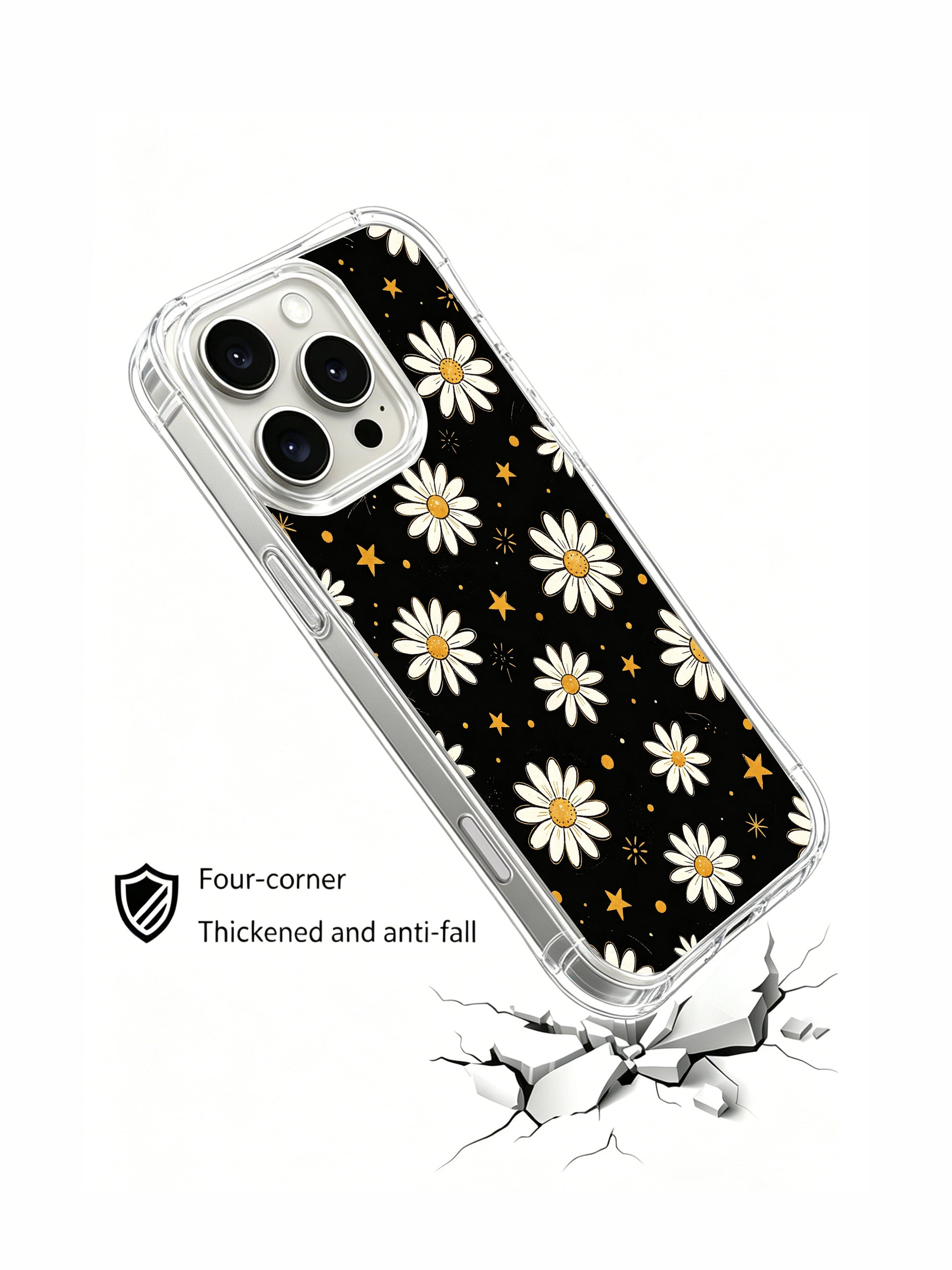PhoneCasing iPhone 16 Pro Max Case with Night Sky Daisies art, white flowers twinkling like stars against a deep black backdrop.