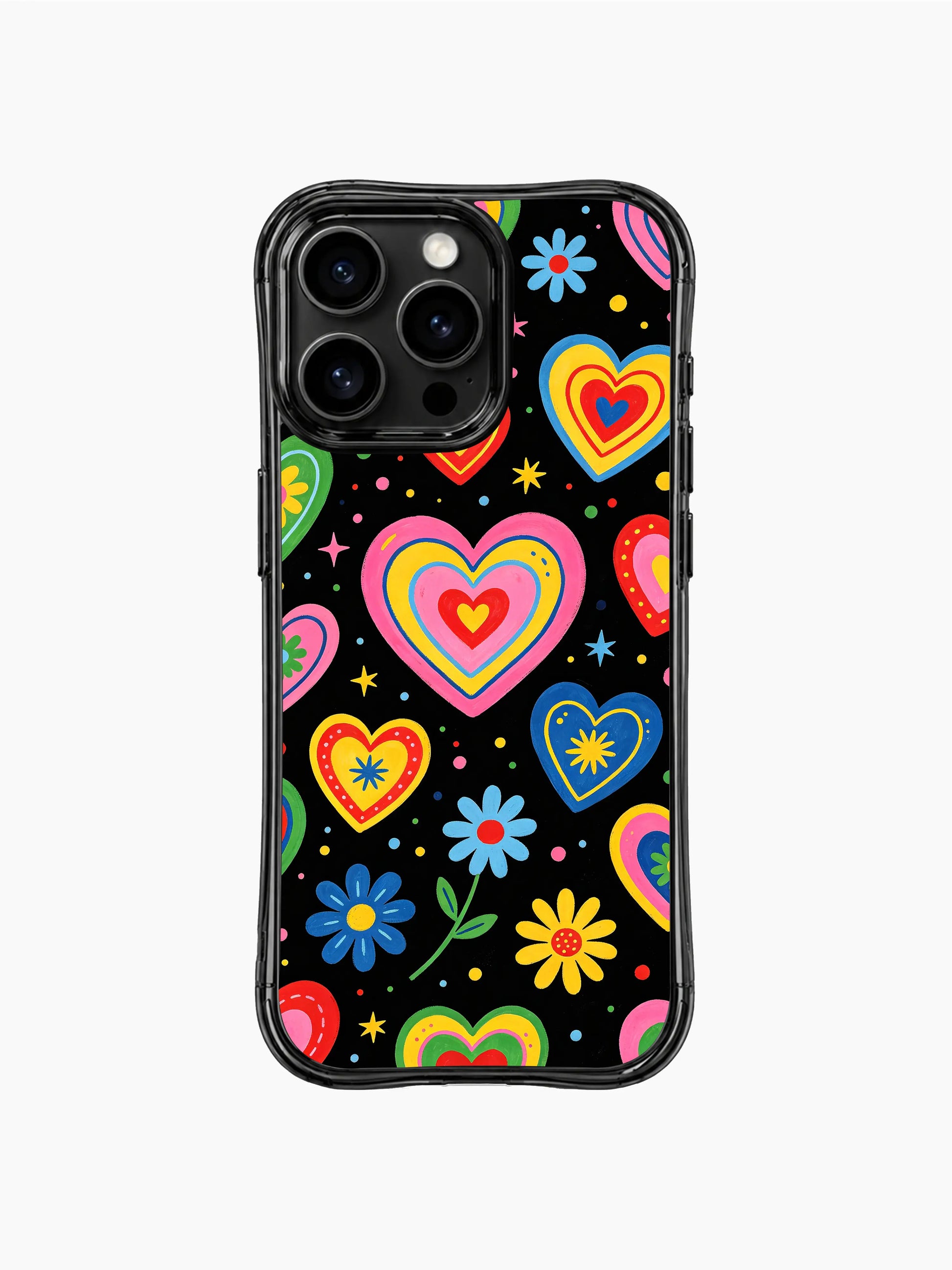Dreamy valentine friendly PhoneCasing iPhone 13 Pro Max cover, dark midnight base full floral heart doodle pattern, saturated multi neon outline hearts, tiny daisy and star dot accents