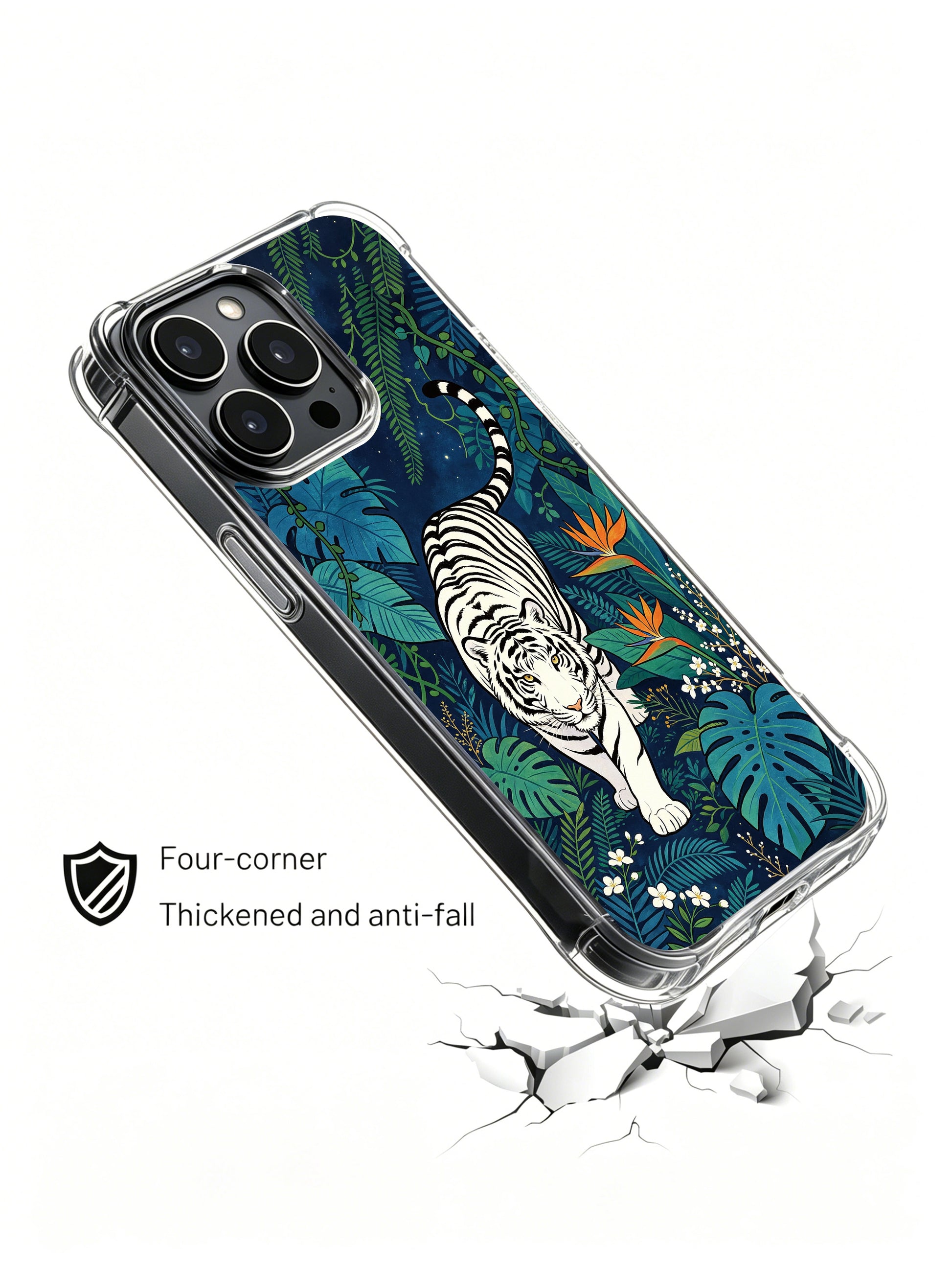 Night wanderer guardian white tiger tropical floral iPhone 13 Pro Case by PhoneCasing, deep navy jungle illustrated phone casing, limited-edition wearable art designer protective case