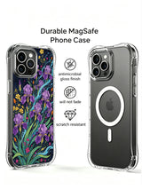 PhoneCasing iPhone 16 Pro Max Case with a nighttime floral surge design, showing purple flowers rising like waves from the dark.