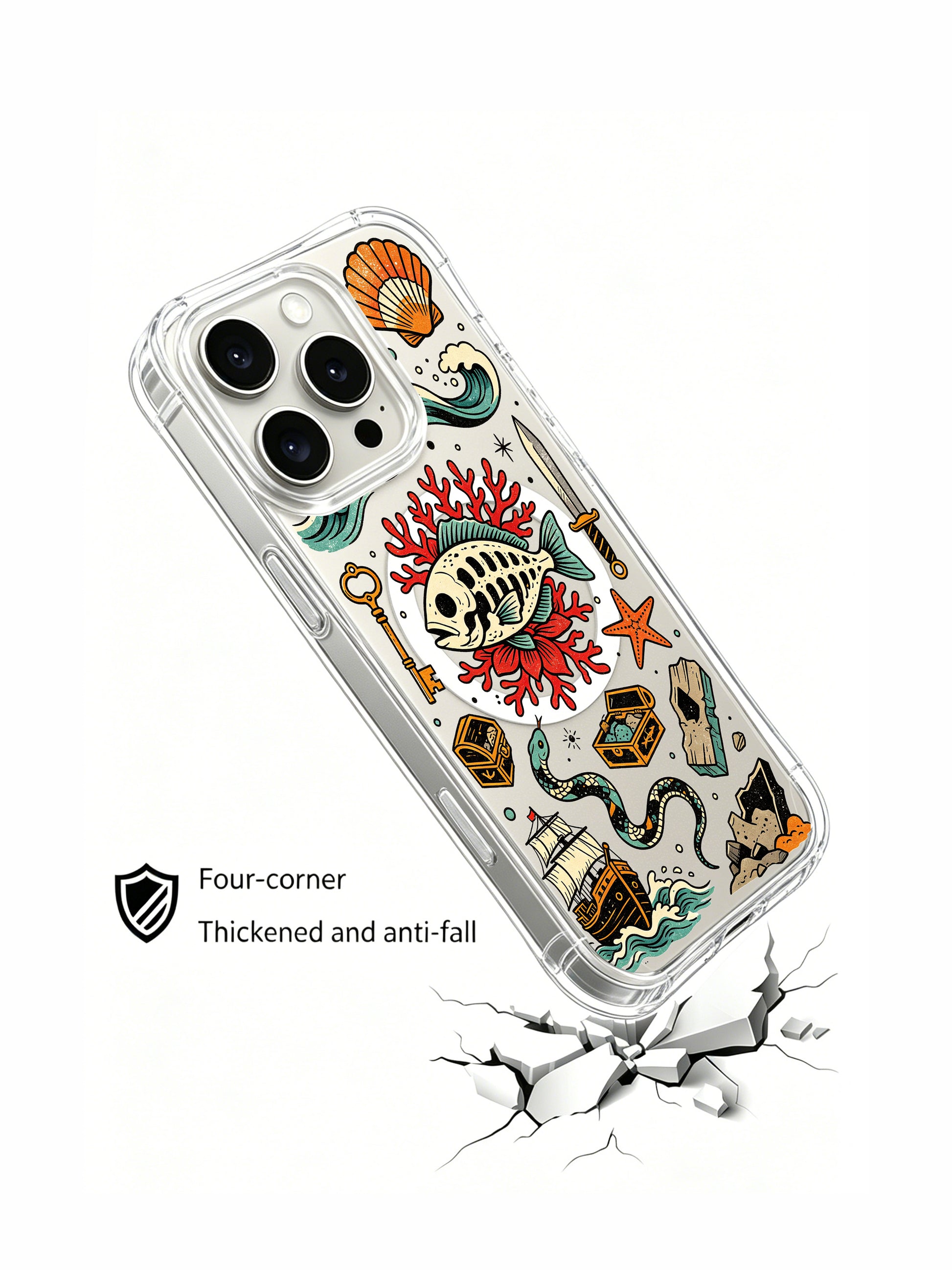 PhoneCasing iPhone 15 pro Case anchor-free asymmetrical layout, paired vintage skeleton keys, winding sea serpent and submerged skull fish motif, slim anti-yellowing iPhone 15 pro casing with complimentary free US domestic shipping.