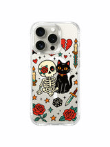 Skull and cat with three dice, hearts and stars artwork on an iPhone 15 Pro case