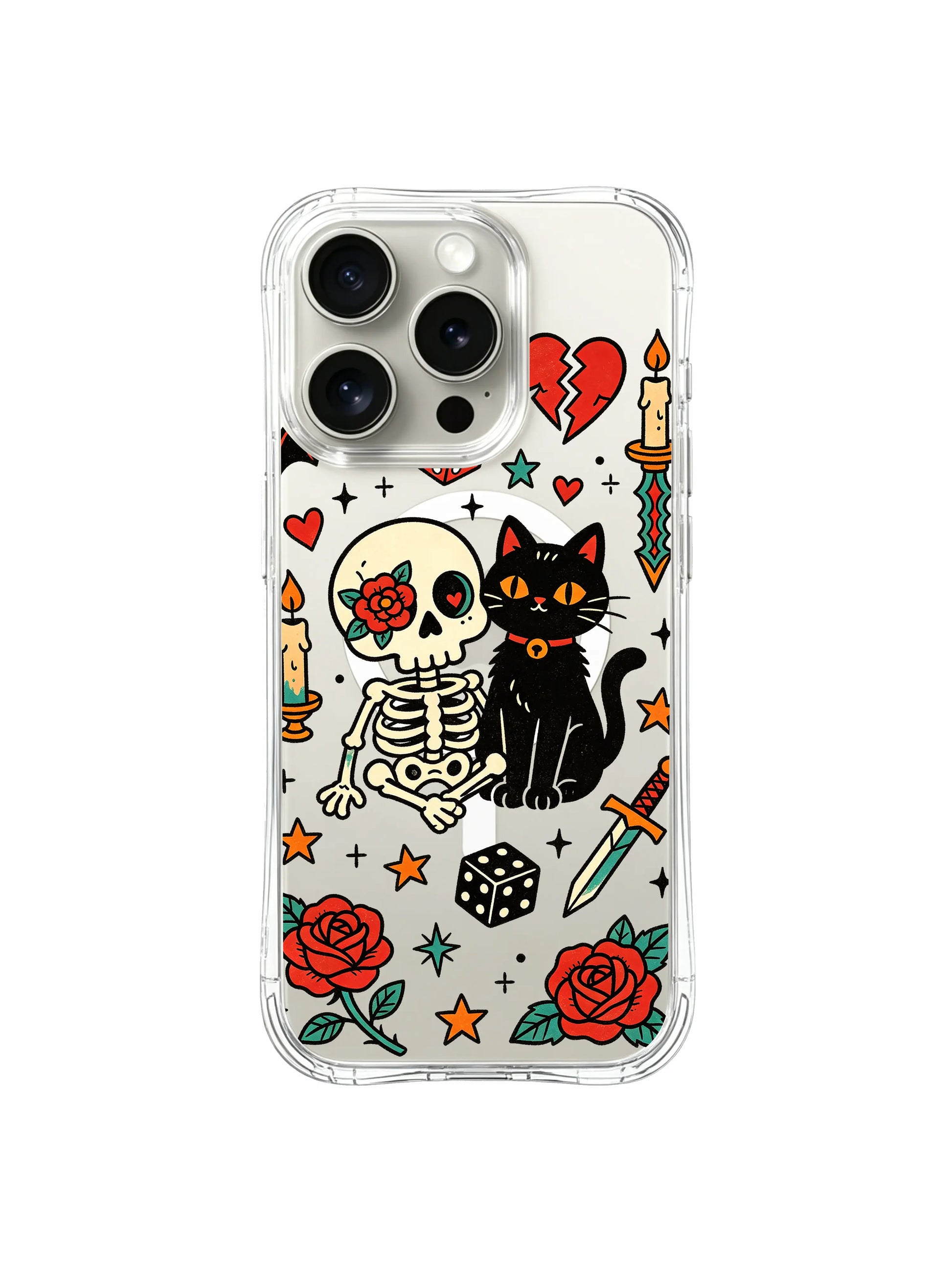 PhoneCasing iPhone 15 pro Case bat-free asymmetrical design, three assorted colored dice, scattered heart & star details around skull art, custom fade-resistant printed iPhone 15 pro casing.