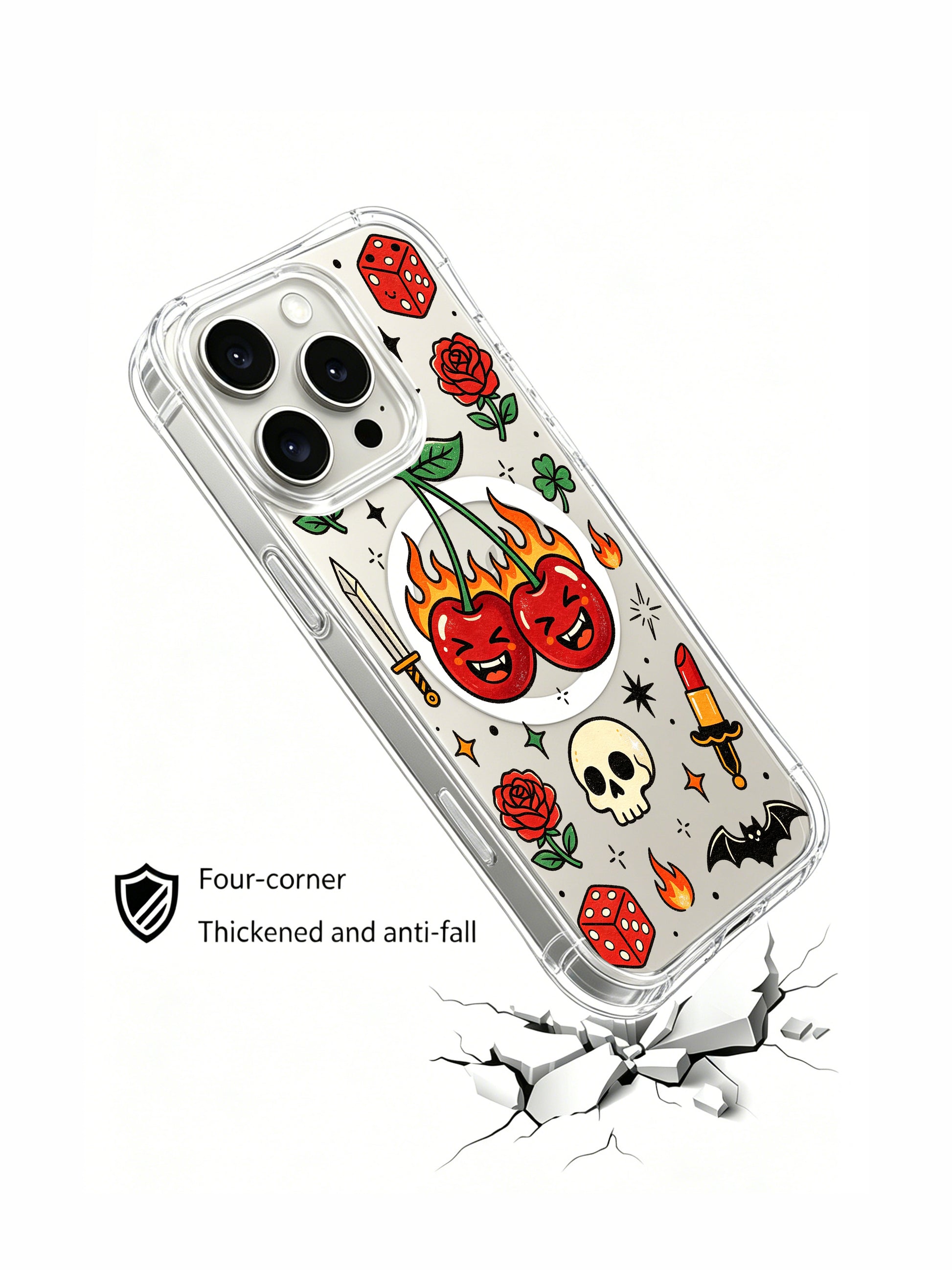 PhoneCasing iPhone 15 pro Case bat-free asymmetrical layout, twin vintage lipsticks, clustered multi-size stars, blooming red flowers and fiery grinning fruit, slim anti-yellowing iPhone 15 pro casing with complimentary free US domestic shipping.