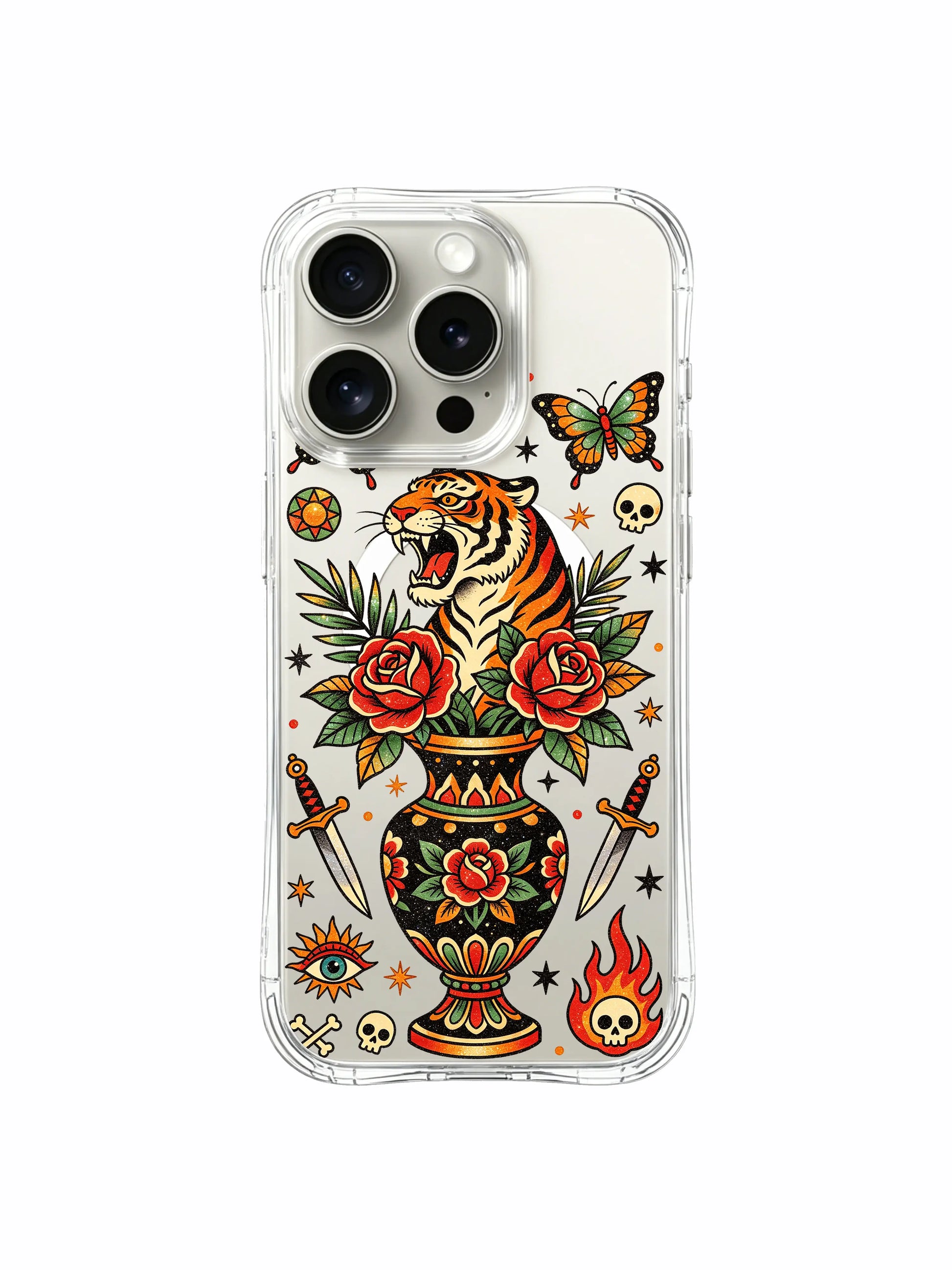 PhoneCasing iPhone 15 pro Case butterfly-free layout, asymmetrical single dagger, dual fiery skulls and detailed patterned vase, custom printed fade-resistant iPhone 15 pro casing.